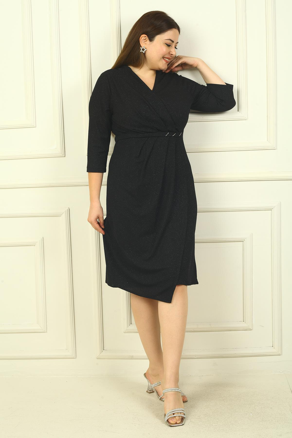 S-24Y0910004Kadın Kruvaze Yaka Uzun Kollu Astarlı Pileli Beli Aksesuar Detaylı Büyük Beden Simli Kısa Elbise