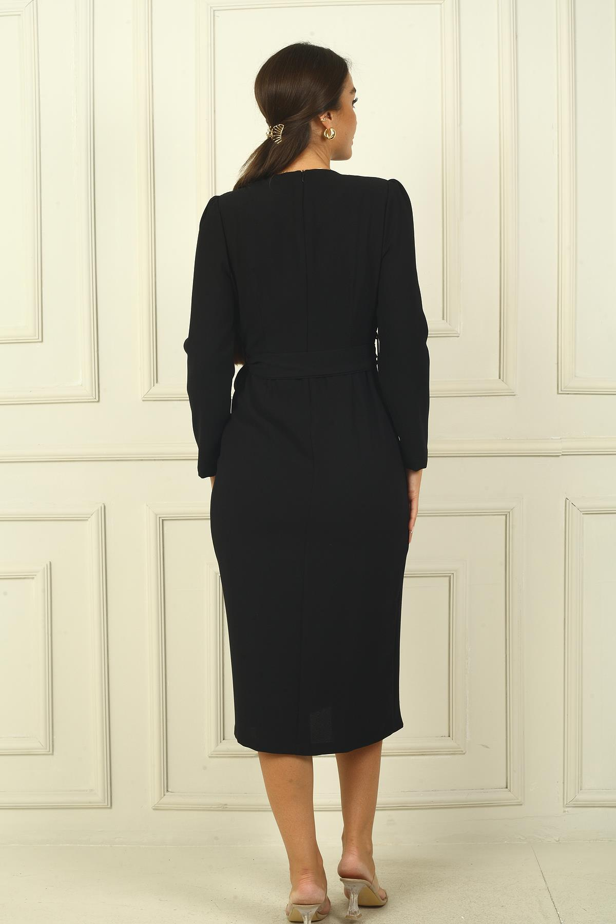 S-24Y0910006Kadın Kruvaze Yaka Kollu Beli Kuşaklı Astarlı Krep Elbise