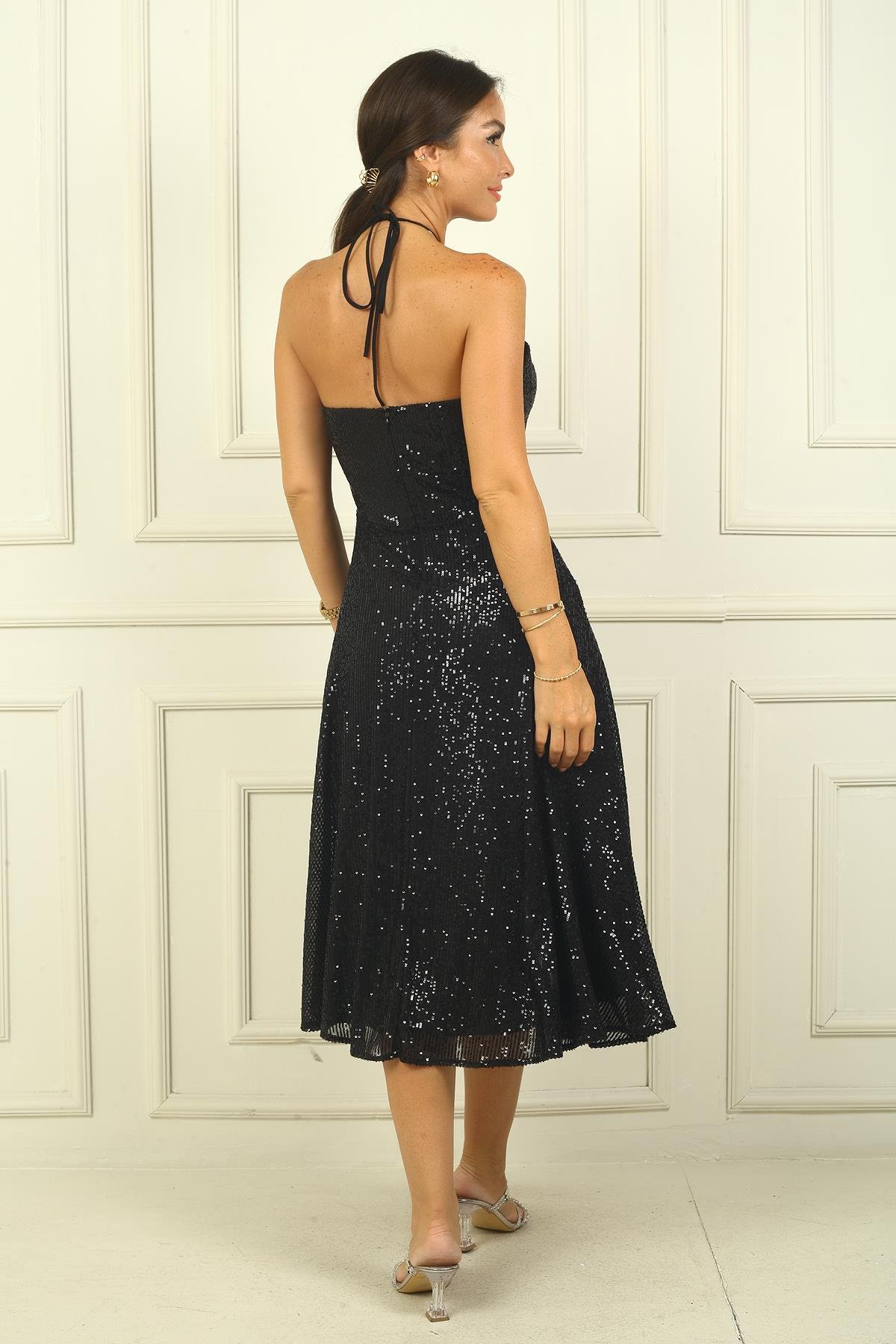 S-24Y0910015Kadın Boyundan Bağlamalı Astarlı Pulpayet Kısa Elbise