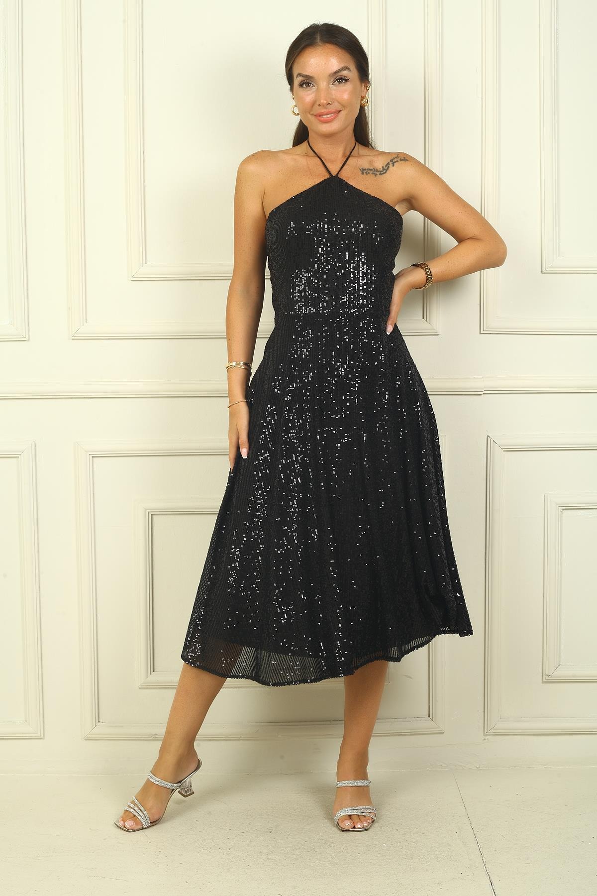 S-24Y0910015Kadın Boyundan Bağlamalı Astarlı Pulpayet Kısa Elbise