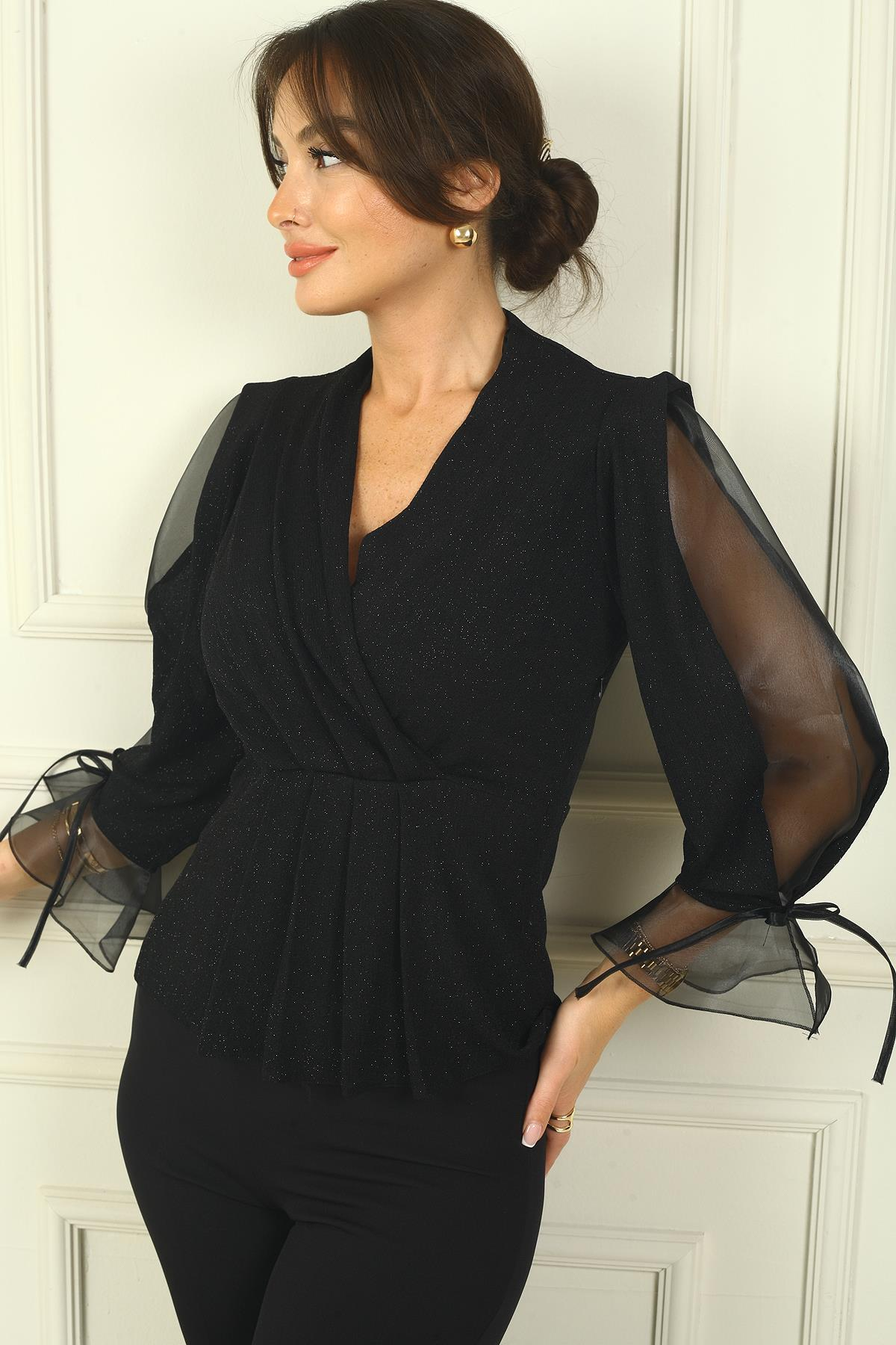 S-24Y0910020Kadın Kruvaze Yaka Kolu Yarım Organze Geniş Beden Aralıklı Simli Bluz