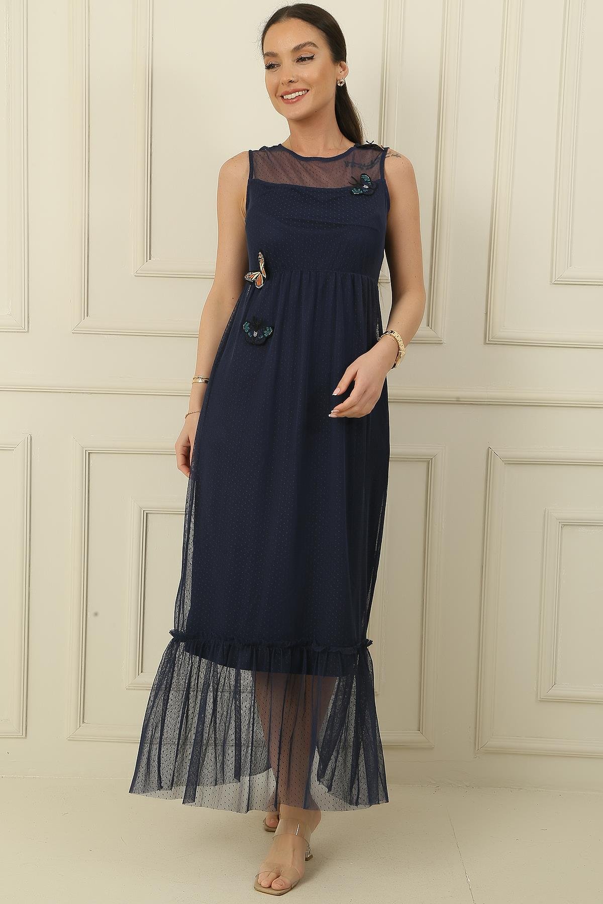 S-24Y0990001Kelebek Detaylı Astarlı Midi Boy Tül Elbise