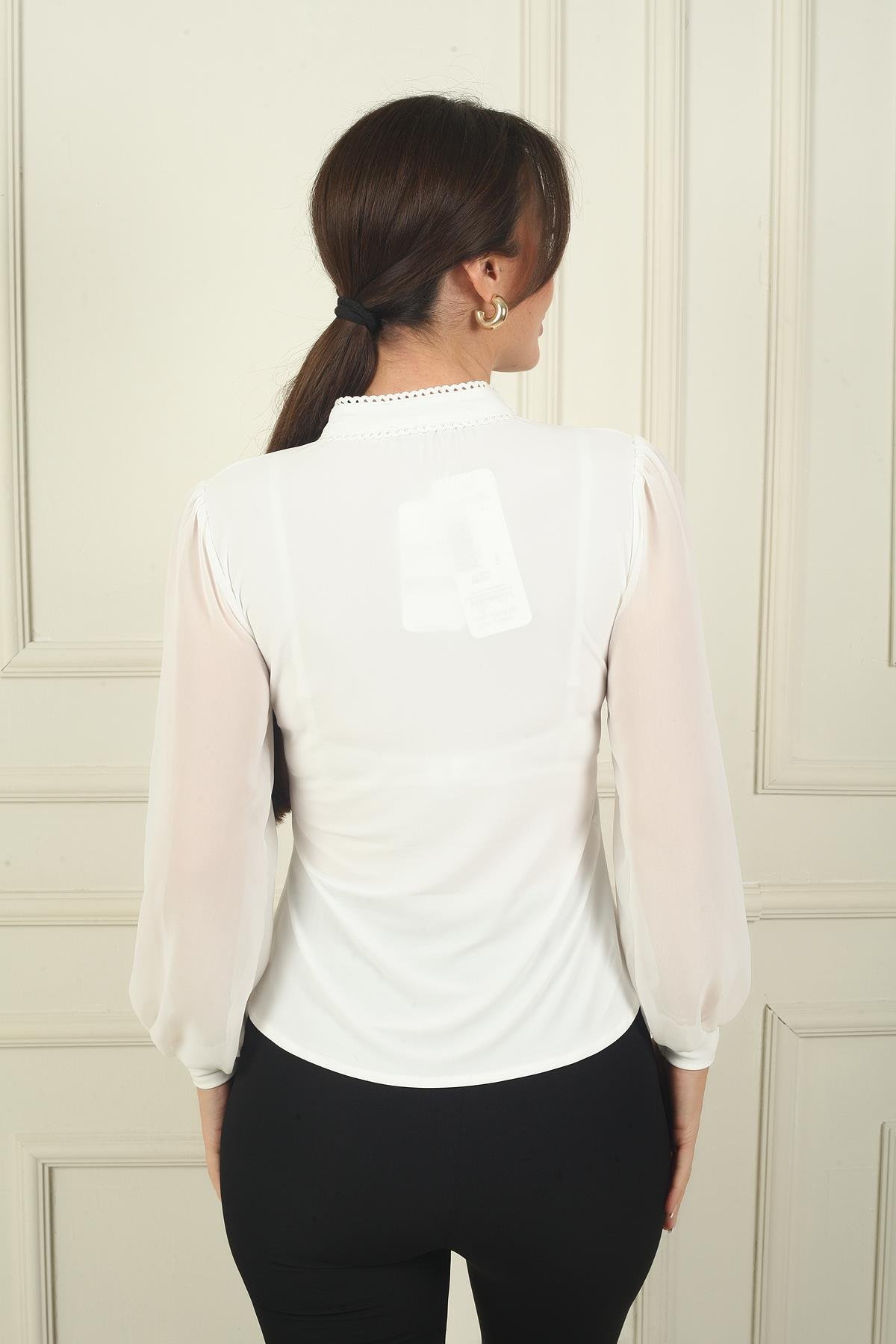 S-24Y1030014Kadın Önü Düğmeli Kolları Tül Hakim Yaka Gömlek