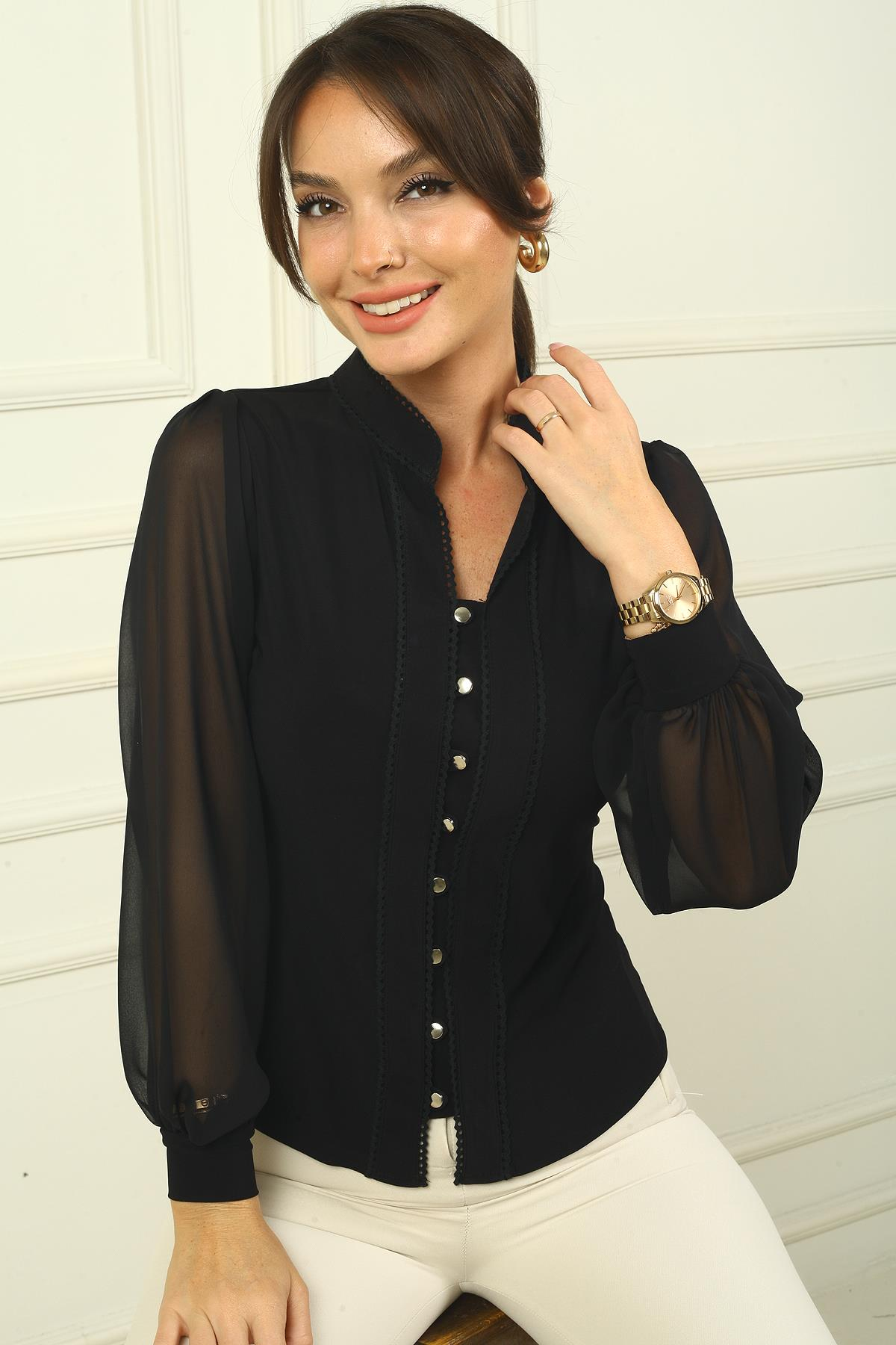 S-24Y1030014Kadın Önü Düğmeli Kolları Tül Hakim Yaka Gömlek