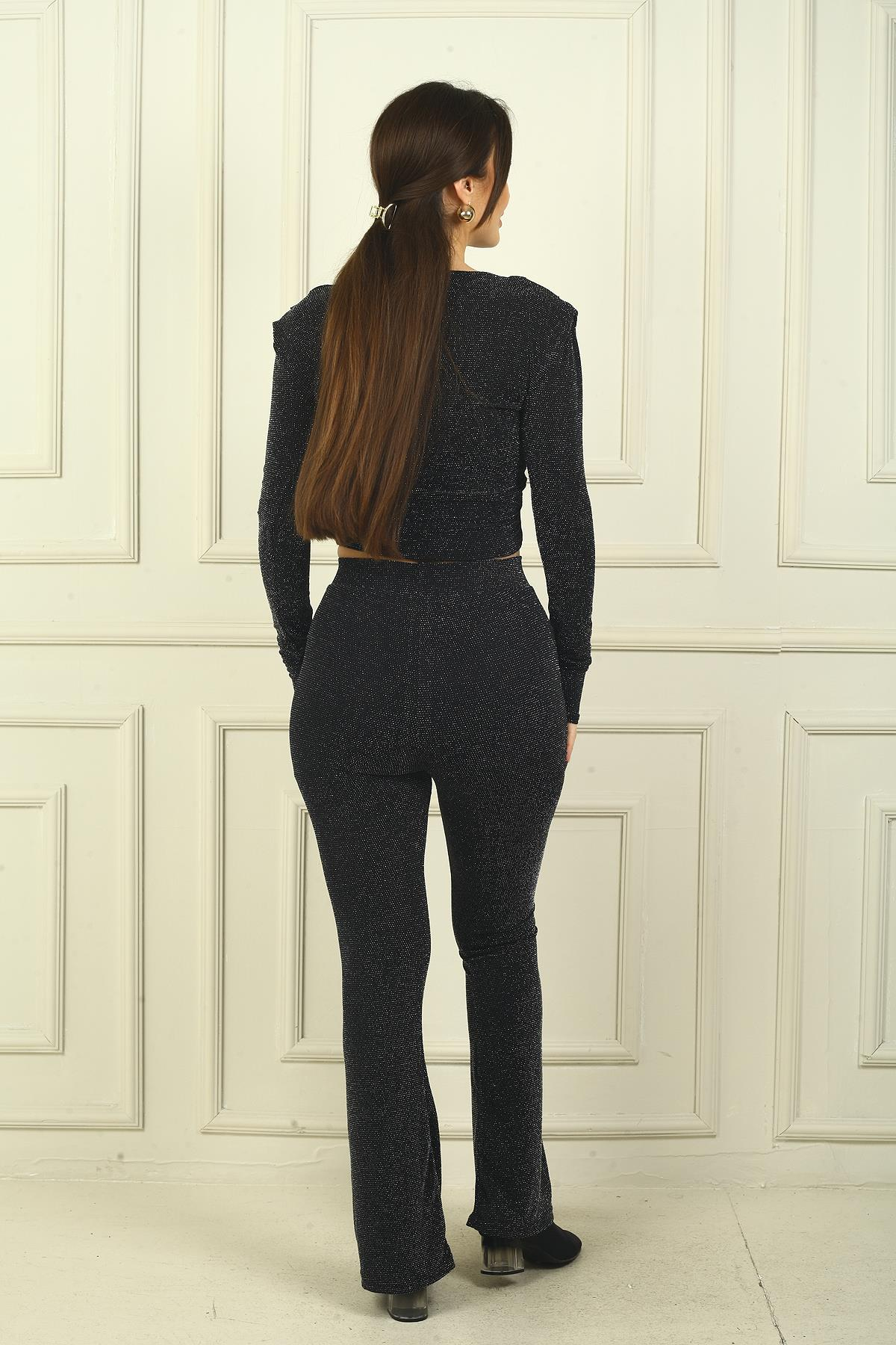 S-24Y1030020Kadın Beli Lastikli Yarım Astarlı İspanyol Paça Simli Pantolon