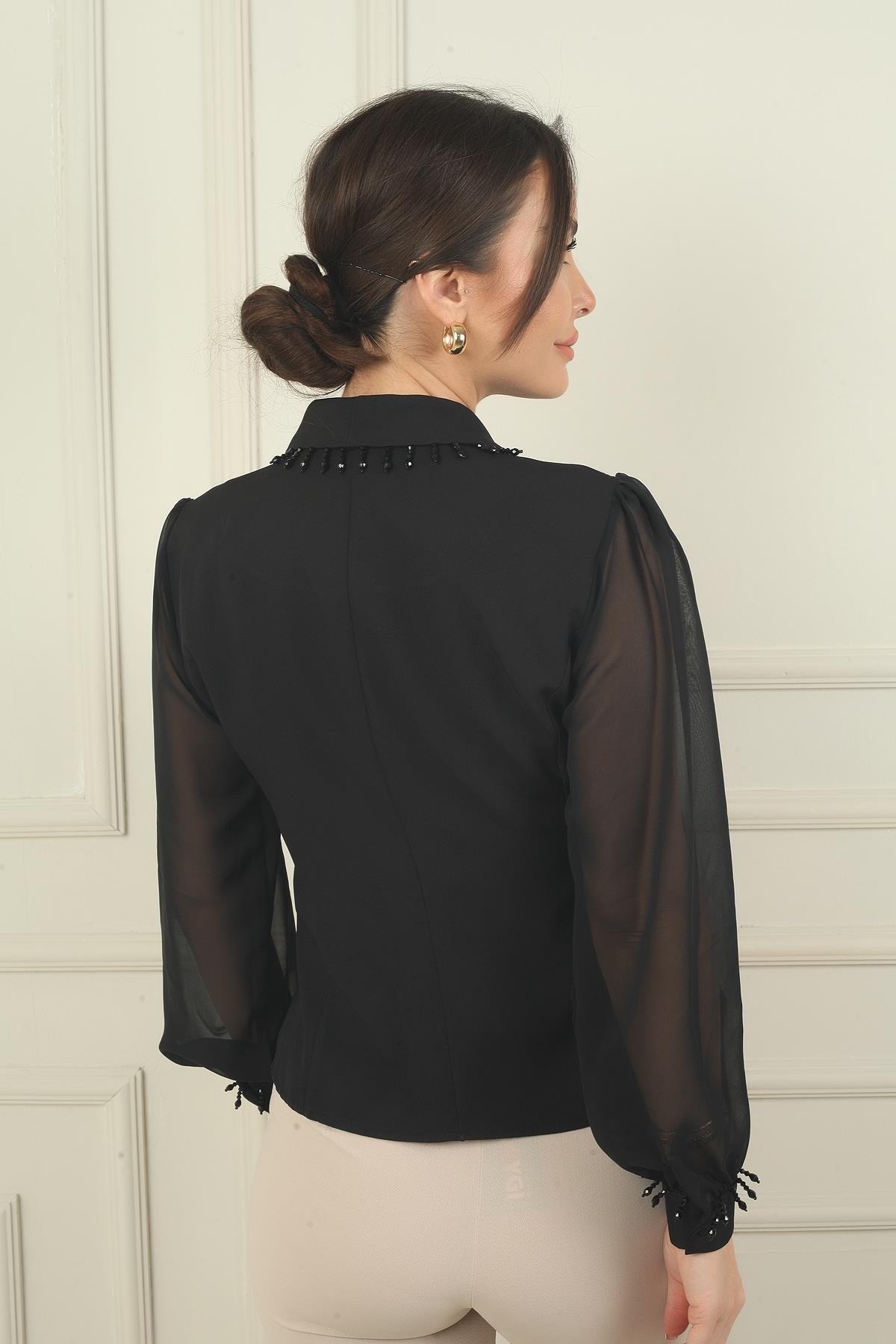 S-24Y1030023Kadın Kruvaze Yaka Şifon Uzun Kollu Boncuk Detaylı Düğmeli Bluz