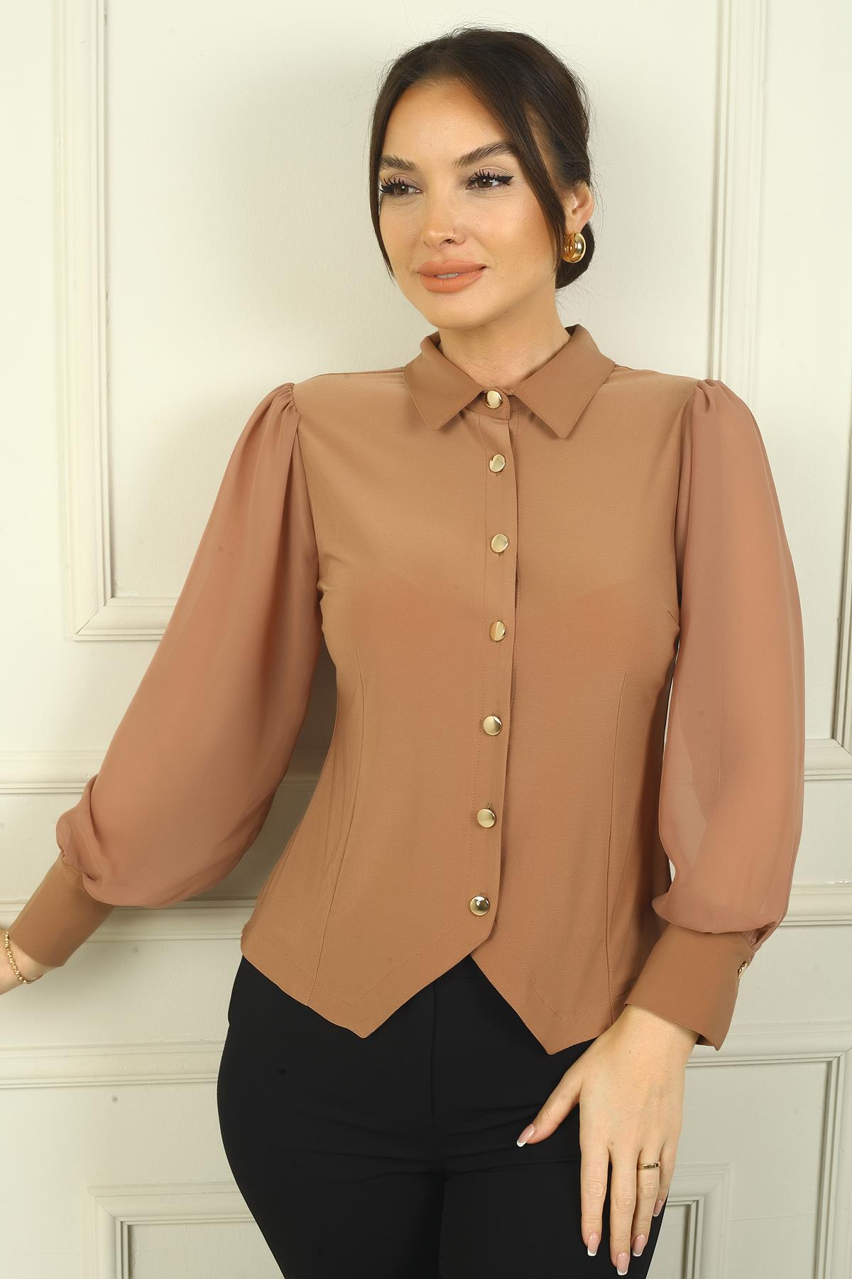 S-24Y1030026Kadın Önü Düğmeli Şifon Uzun Kollu Gömlek