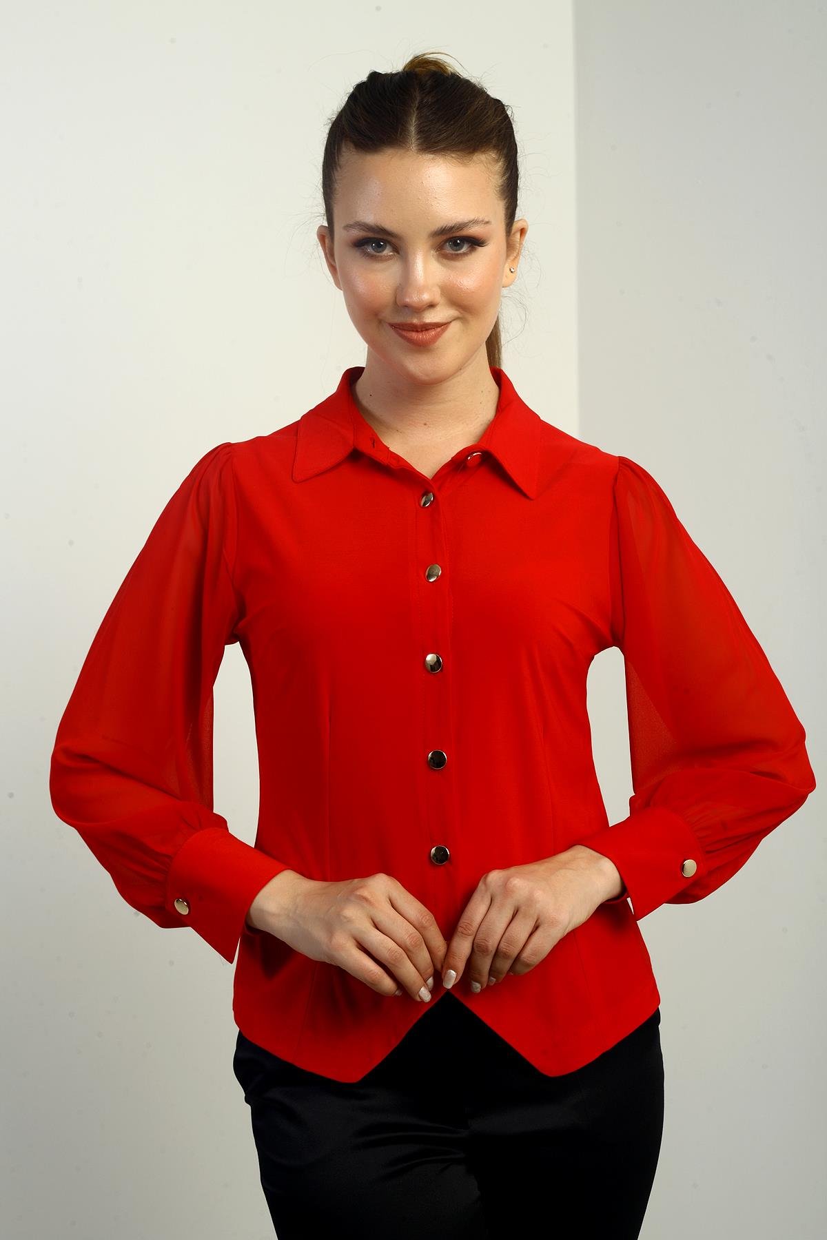 S-24Y1030026Kadın Önü Düğmeli Şifon Uzun Kollu Gömlek