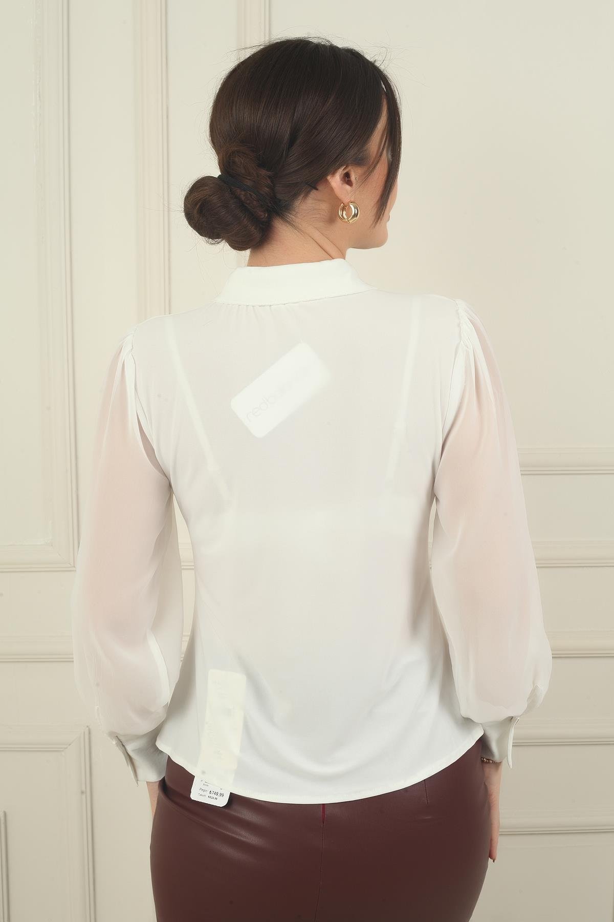 S-24Y1030026Kadın Önü Düğmeli Şifon Uzun Kollu Gömlek