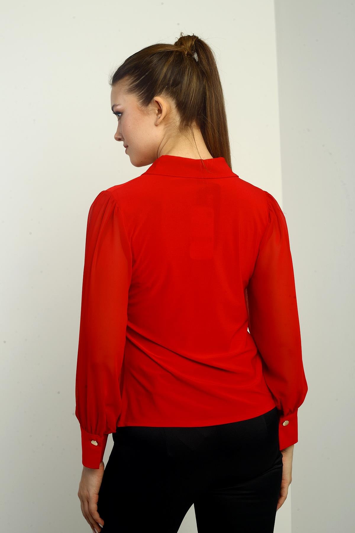 S-24Y1030026Kadın Önü Düğmeli Şifon Uzun Kollu Gömlek