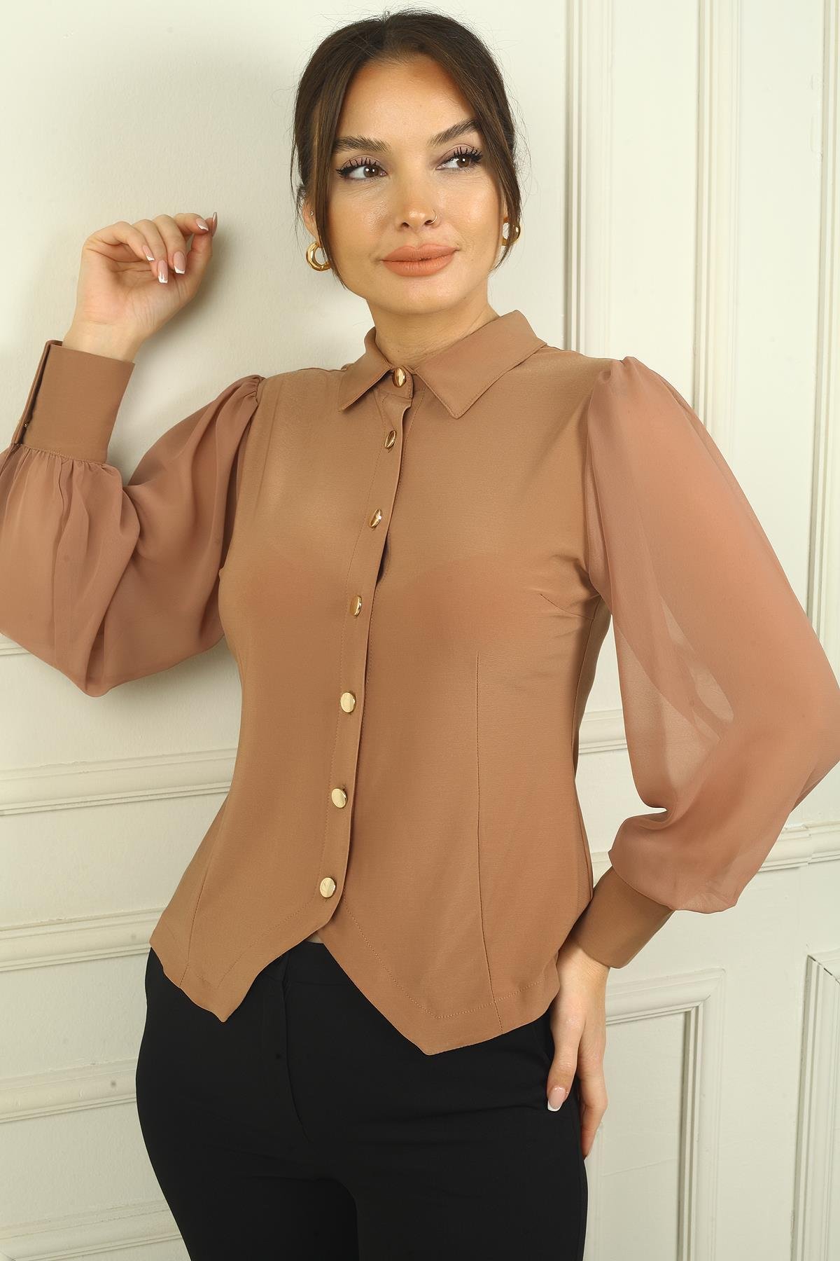 S-24Y1030026Kadın Önü Düğmeli Şifon Uzun Kollu Gömlek