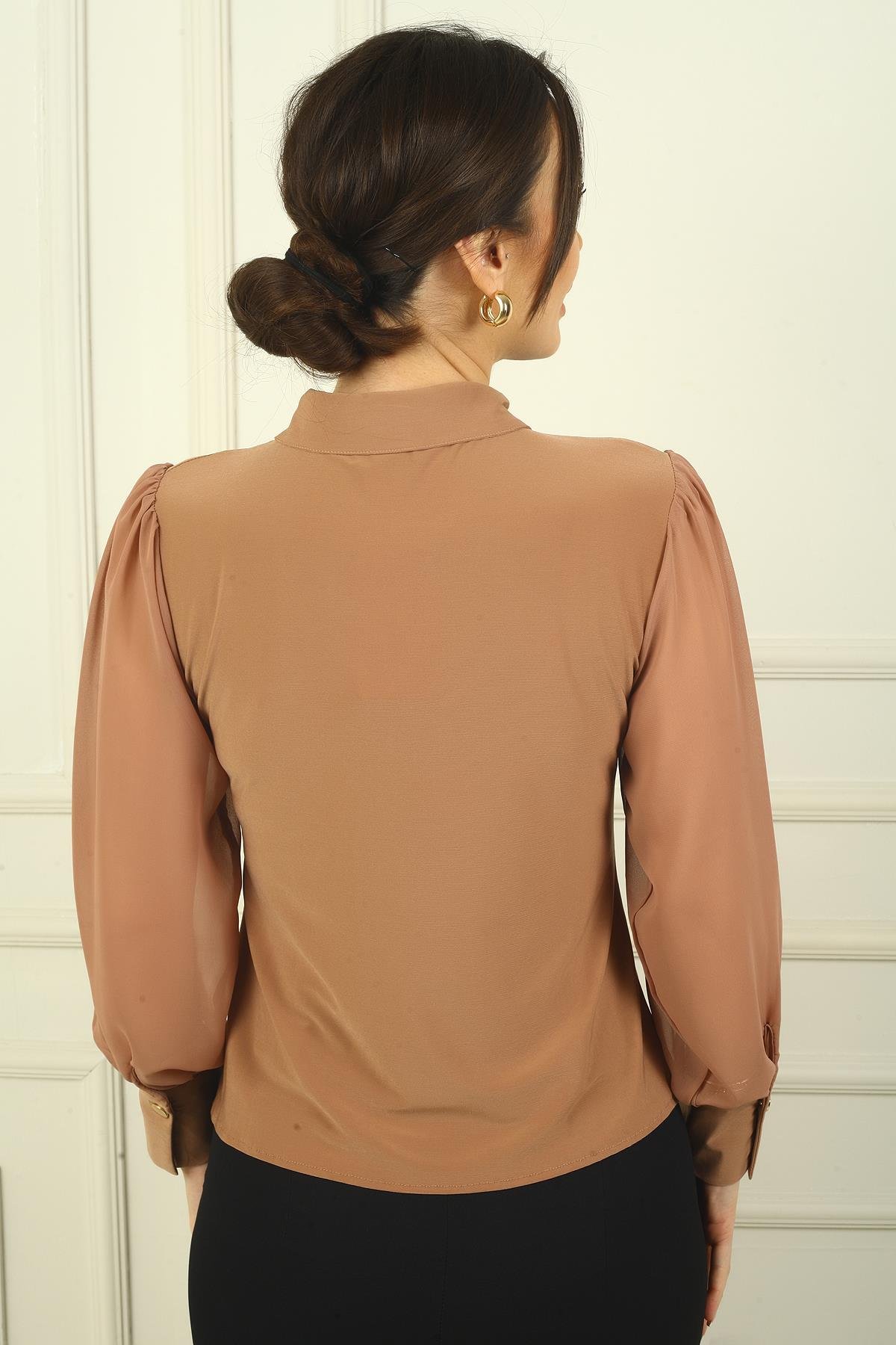 S-24Y1030026Kadın Önü Düğmeli Şifon Uzun Kollu Gömlek