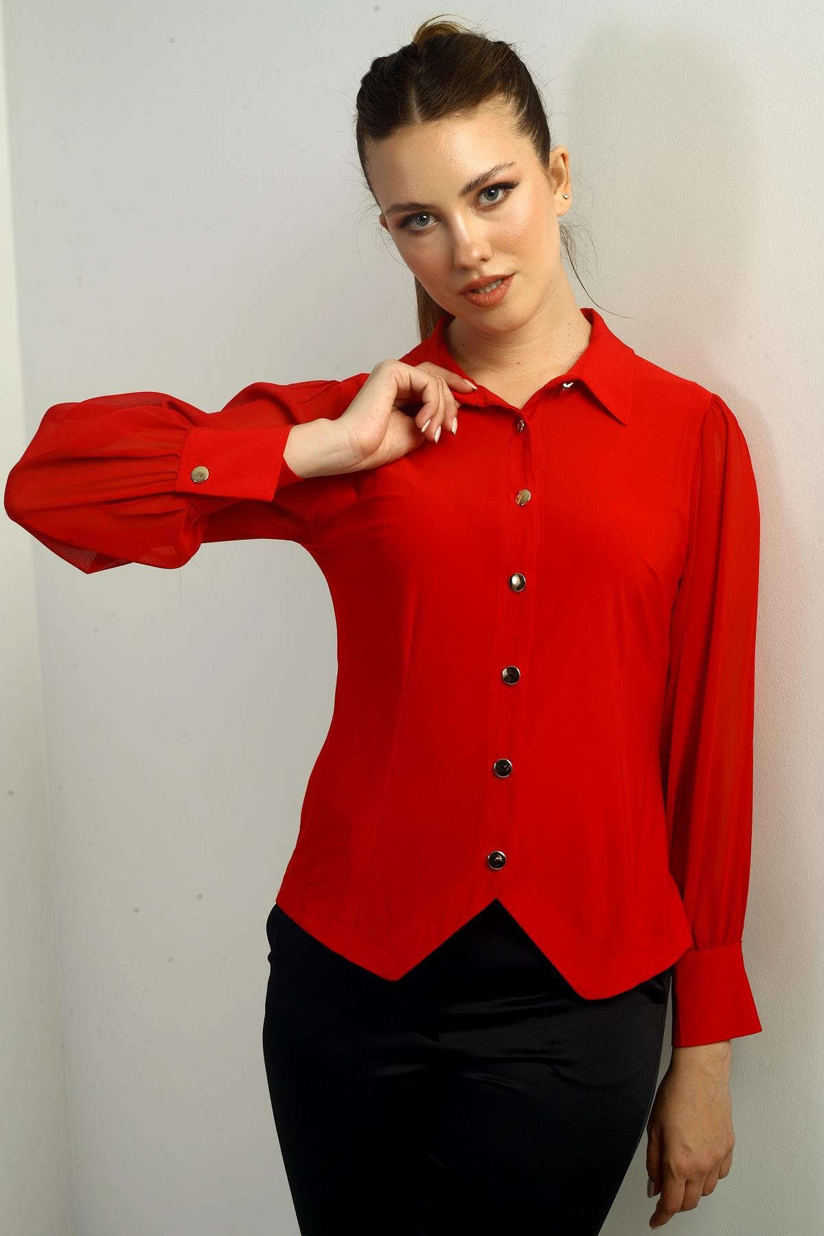 S-24Y1030026Kadın Önü Düğmeli Şifon Uzun Kollu Gömlek