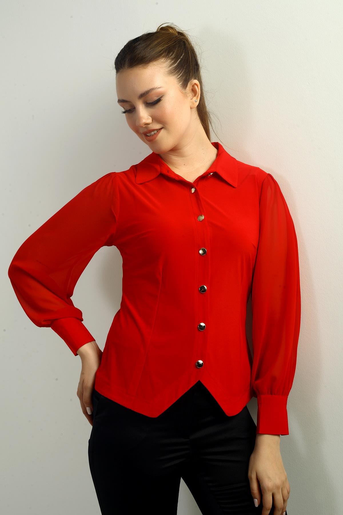 S-24Y1030026Kadın Önü Düğmeli Şifon Uzun Kollu Gömlek