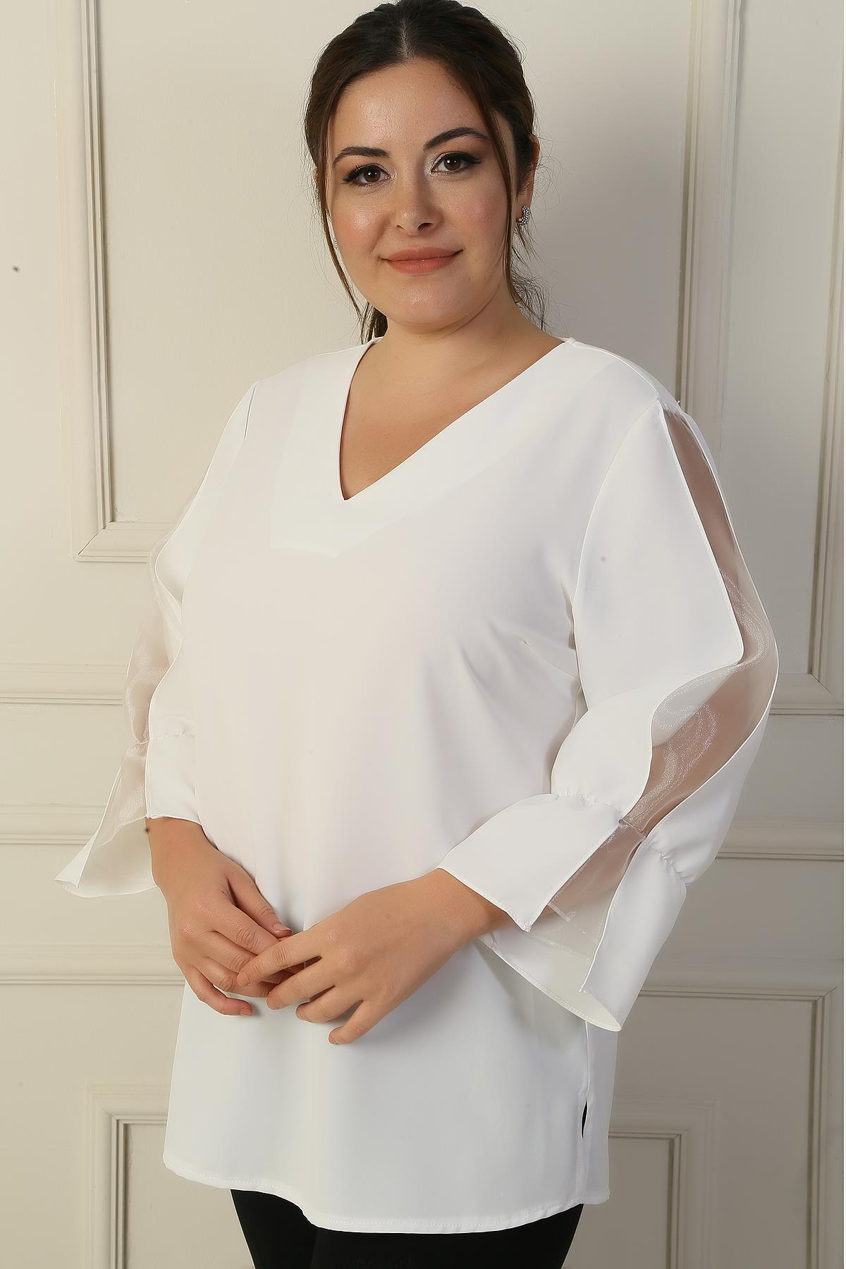 S-24Y1040002V-Neck Half-Crepe Organza Blouse B. B.