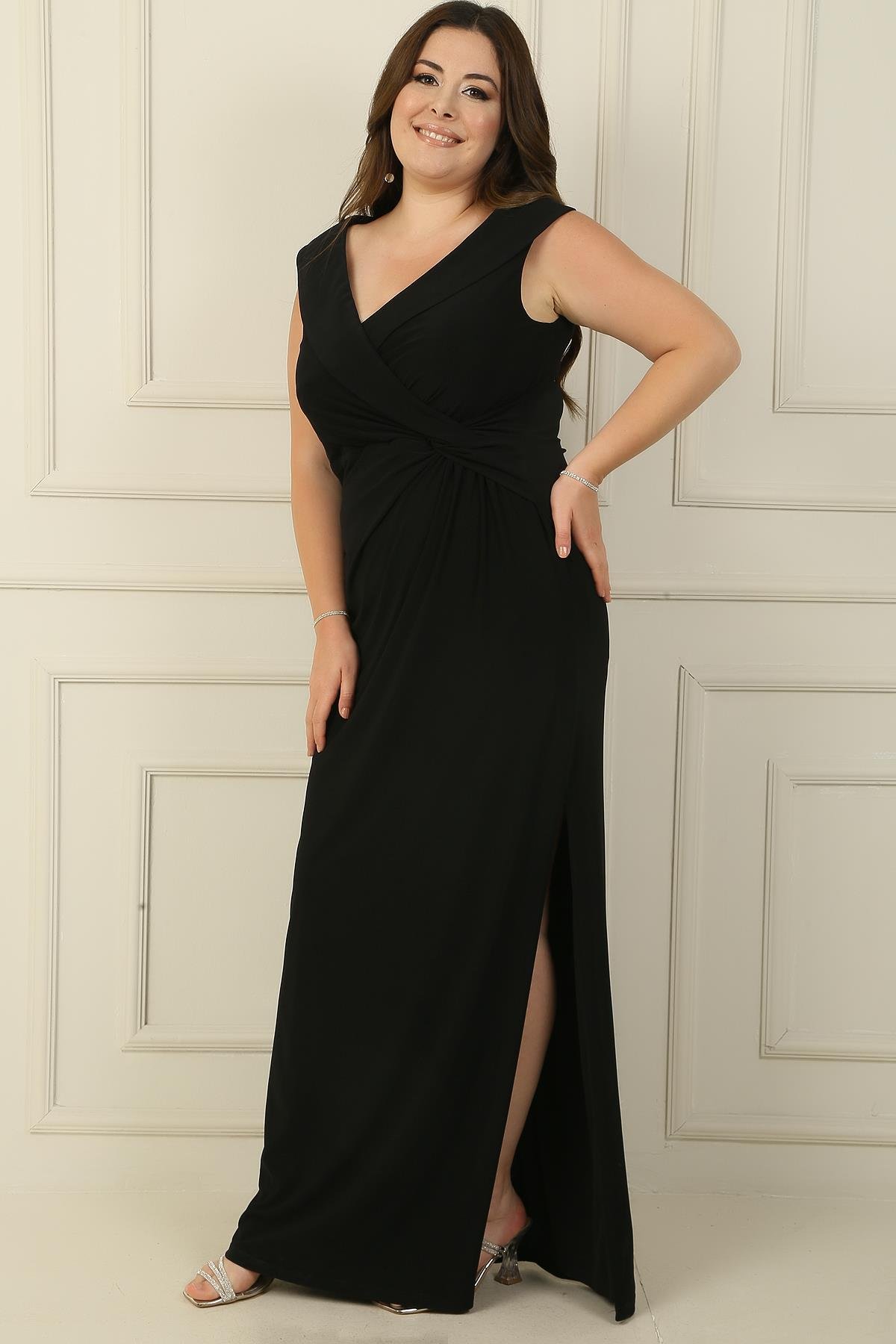 S-24Y1040006Kruvaze Yaka Önü Düğüm Detaylı Astarlı Yırtmaçlı Büyük Beden Likralı Uzun Elbise