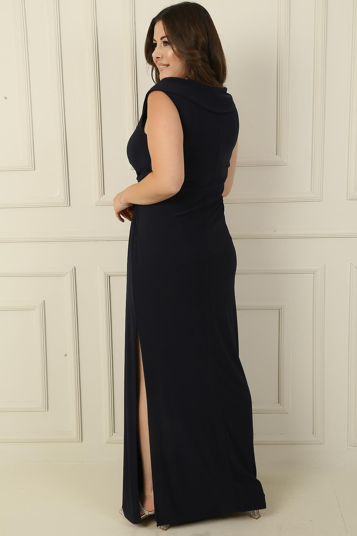 S-24Y1040006Kruvaze Yaka Önü Düğüm Detaylı Astarlı Yırtmaçlı Büyük Beden Likralı Uzun Elbise