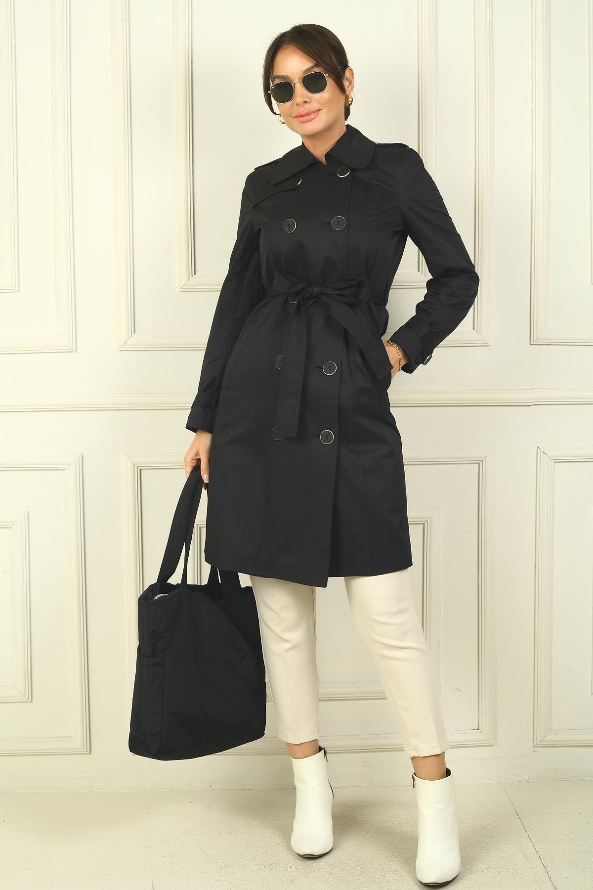 S-24Y1040008Kadın Önü Düğmeli Beli Kuşaklı Cepli Pardesü