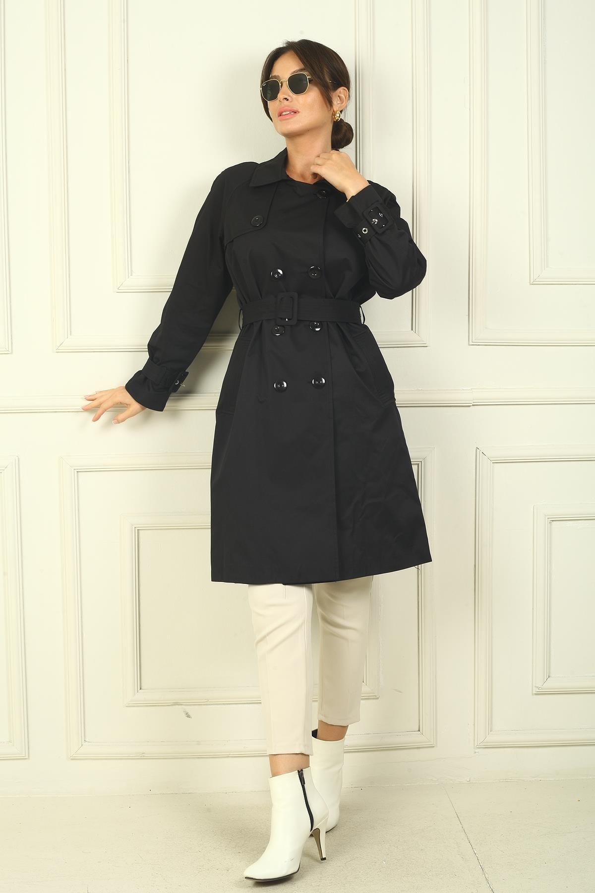 S-24Y1040009Kadın Beli Ve Kolları Kemerli Önü Düğmeli Cepli Pardesü