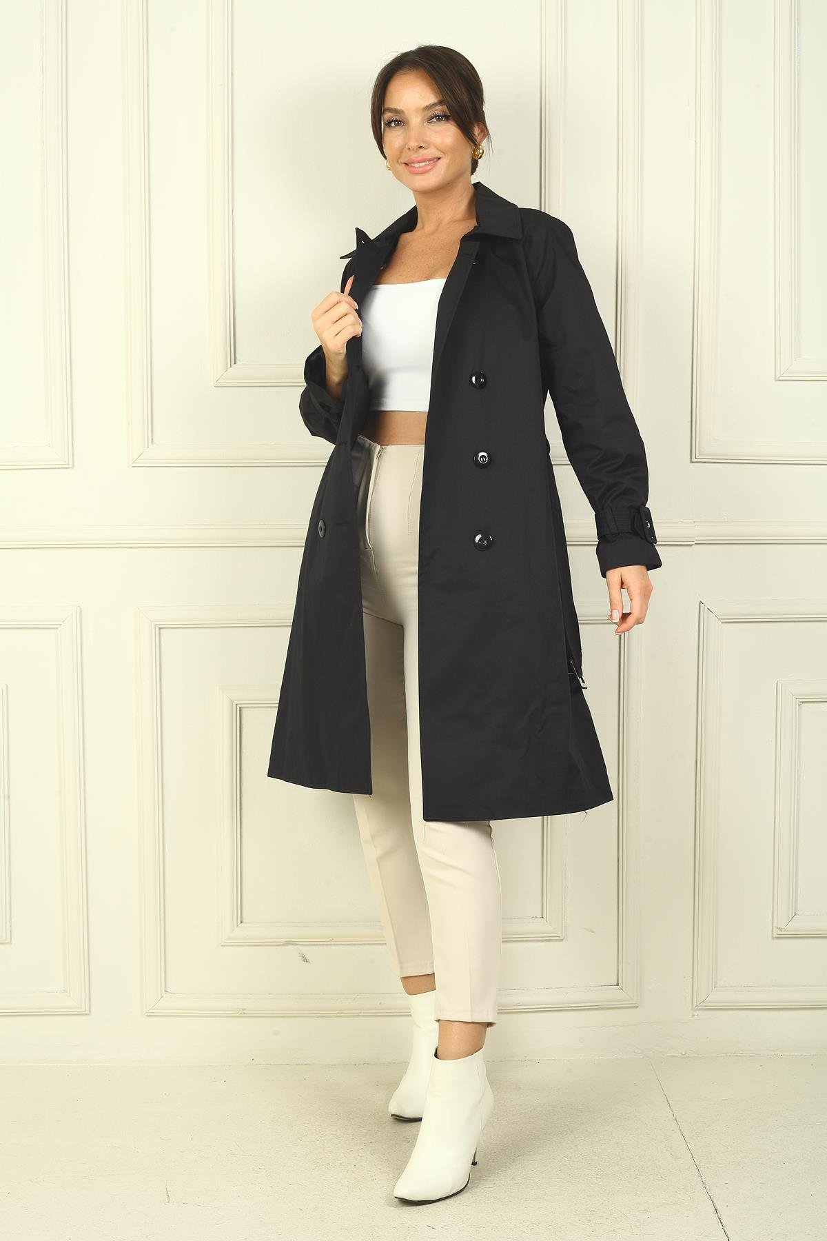 S-24Y1040009Kadın Beli Ve Kolları Kemerli Önü Düğmeli Cepli Pardesü