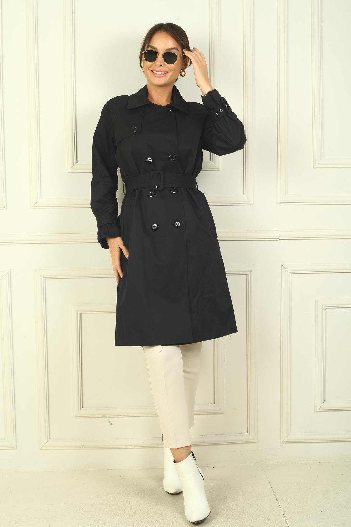 S-24Y1040009Kadın Beli Ve Kolları Kemerli Önü Düğmeli Cepli Pardesü