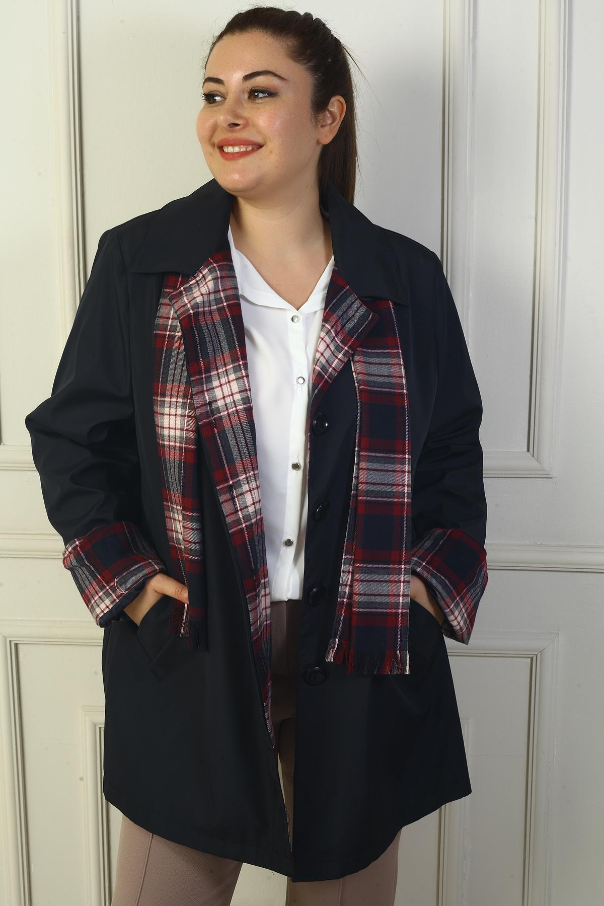 S-24Y1040011Kadın Önü Gizli Düğmeli Cepli Kruvaze Yaka Kaban