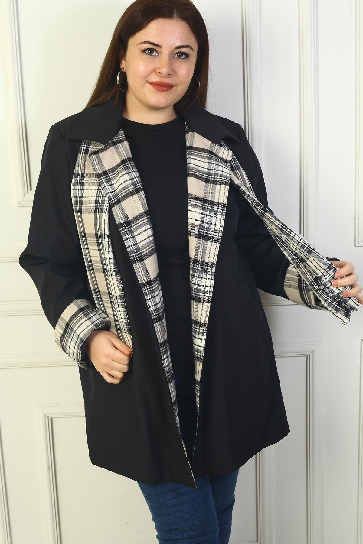 S-24Y1040011Kadın Önü Gizli Düğmeli Cepli Kruvaze Yaka Kaban