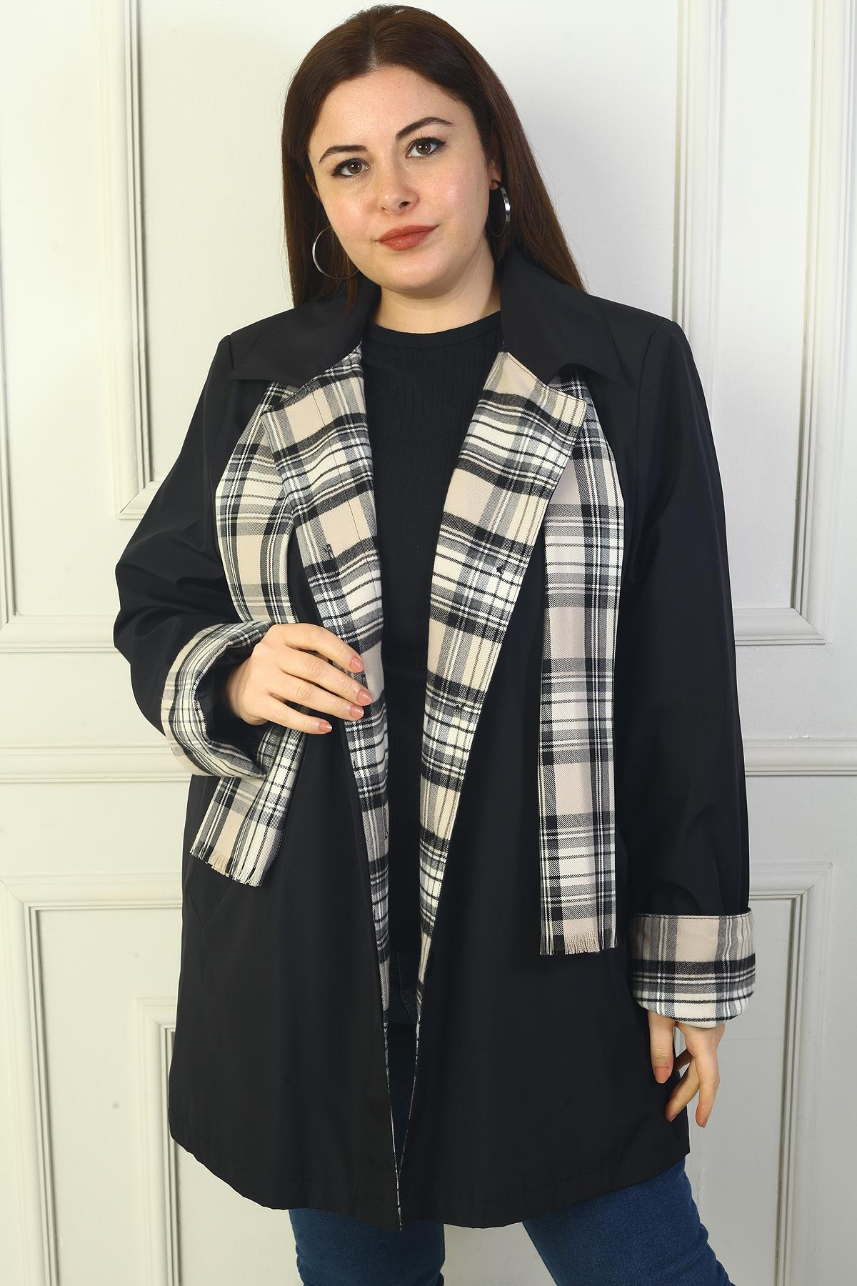 S-24Y1040011Kadın Önü Gizli Düğmeli Cepli Kruvaze Yaka Kaban