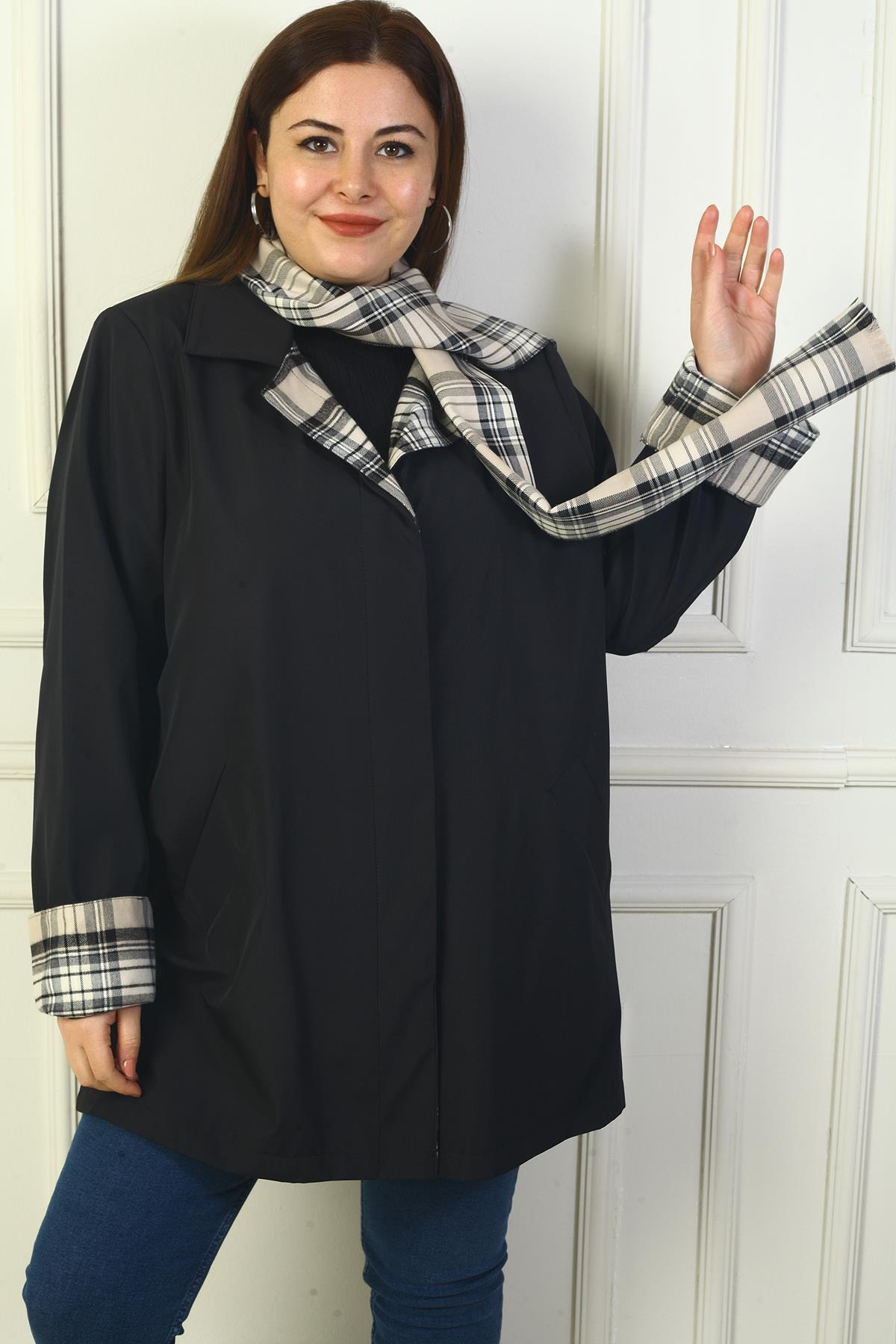 S-24Y1040011Kadın Önü Gizli Düğmeli Cepli Kruvaze Yaka Kaban