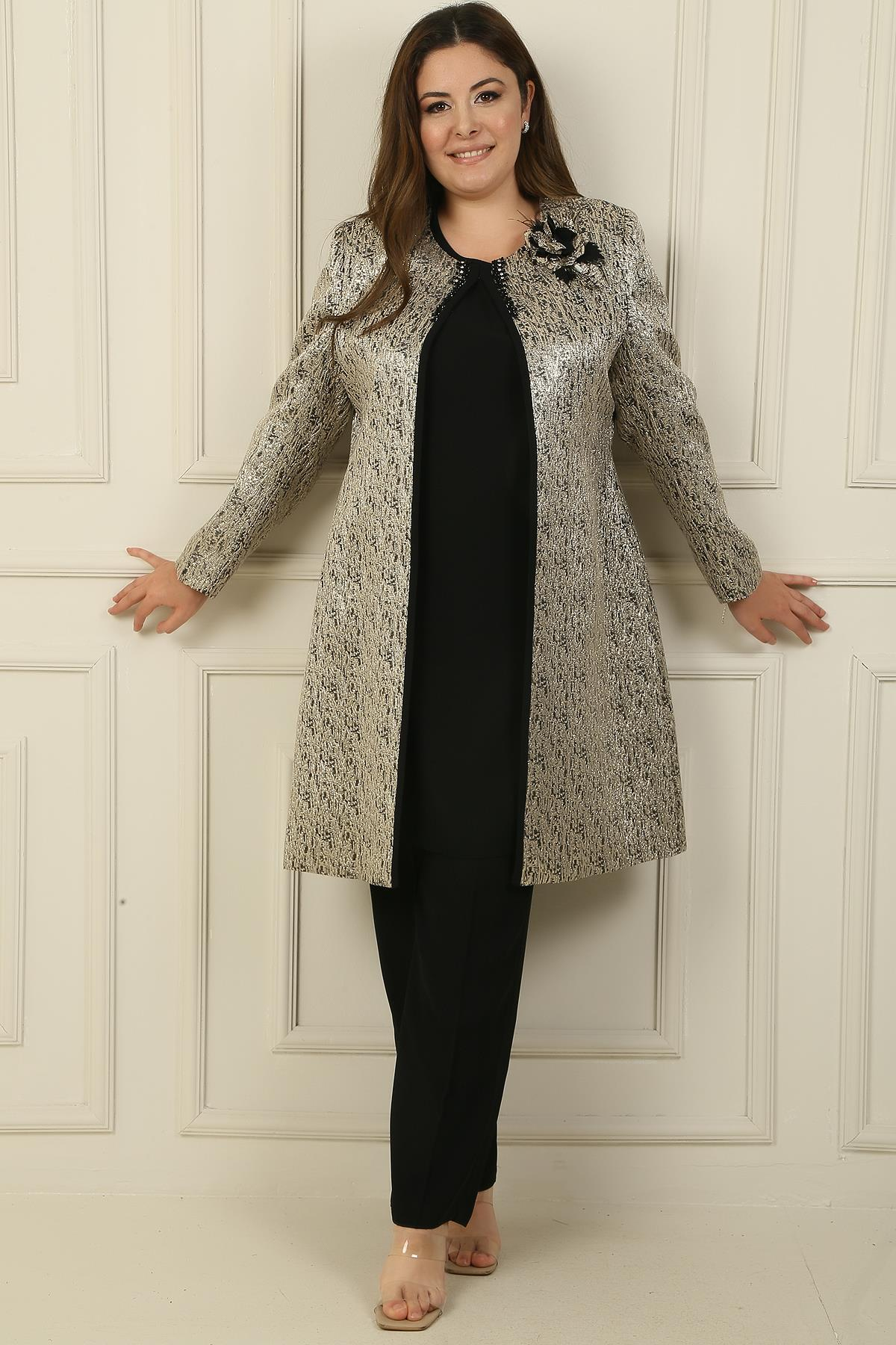 S-24Y1190001Detailed side slits sleeveless Blouse large size Long-Coated Bead Jacquard jacket pants 3-Team