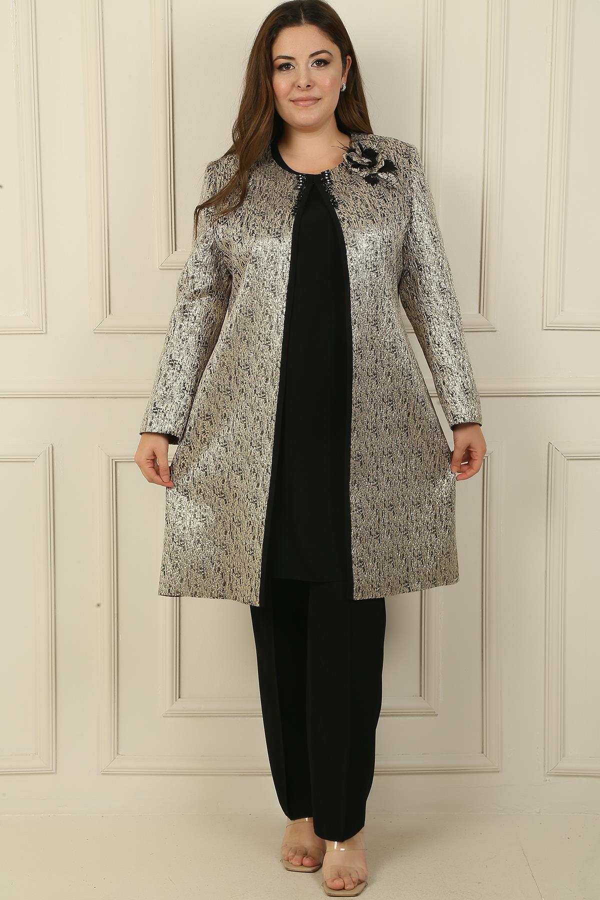 S-24Y1190001Detailed side slits sleeveless Blouse large size Long-Coated Bead Jacquard jacket pants 3-Team