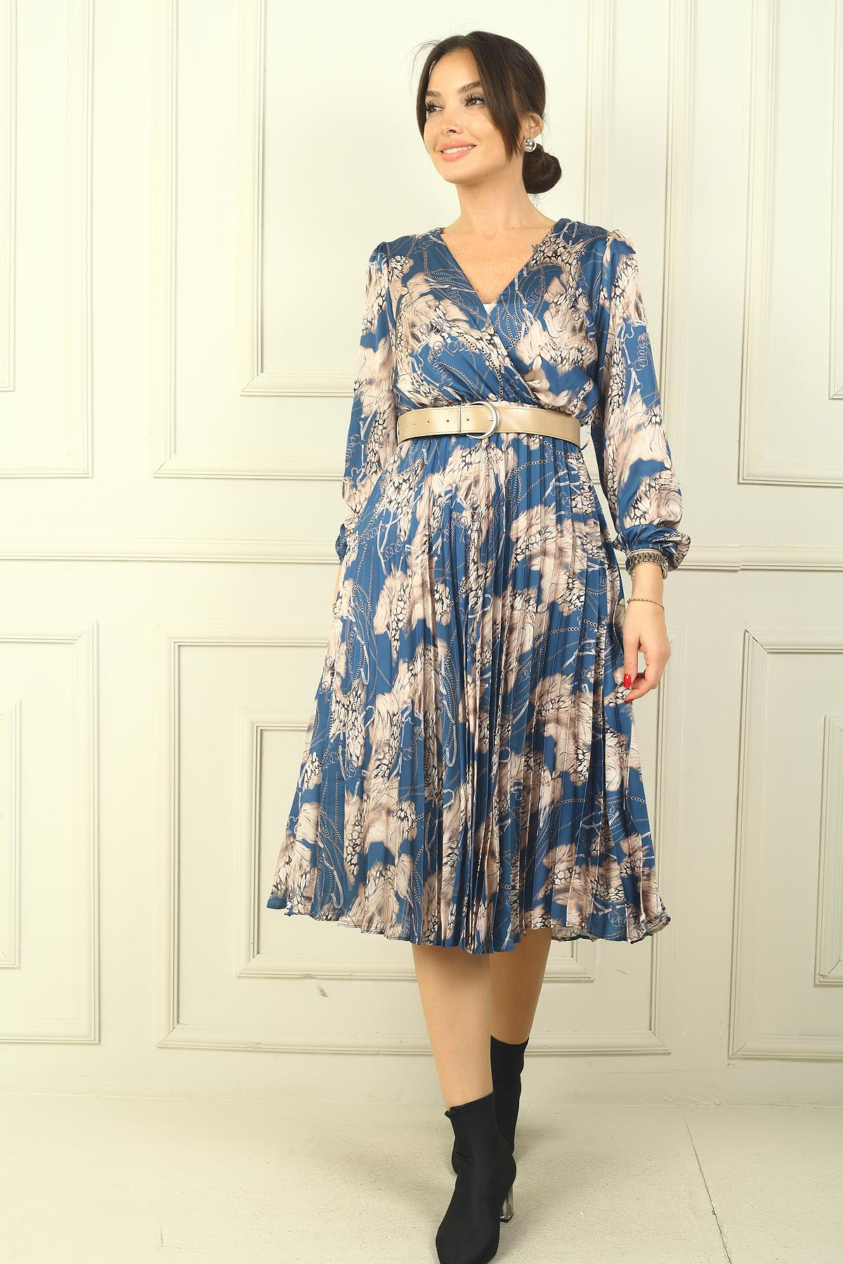 S-24Y1520006Kruvaze Yaka Astarlı Beli Kemerli Leopar Desen Pileli Saten Elbise