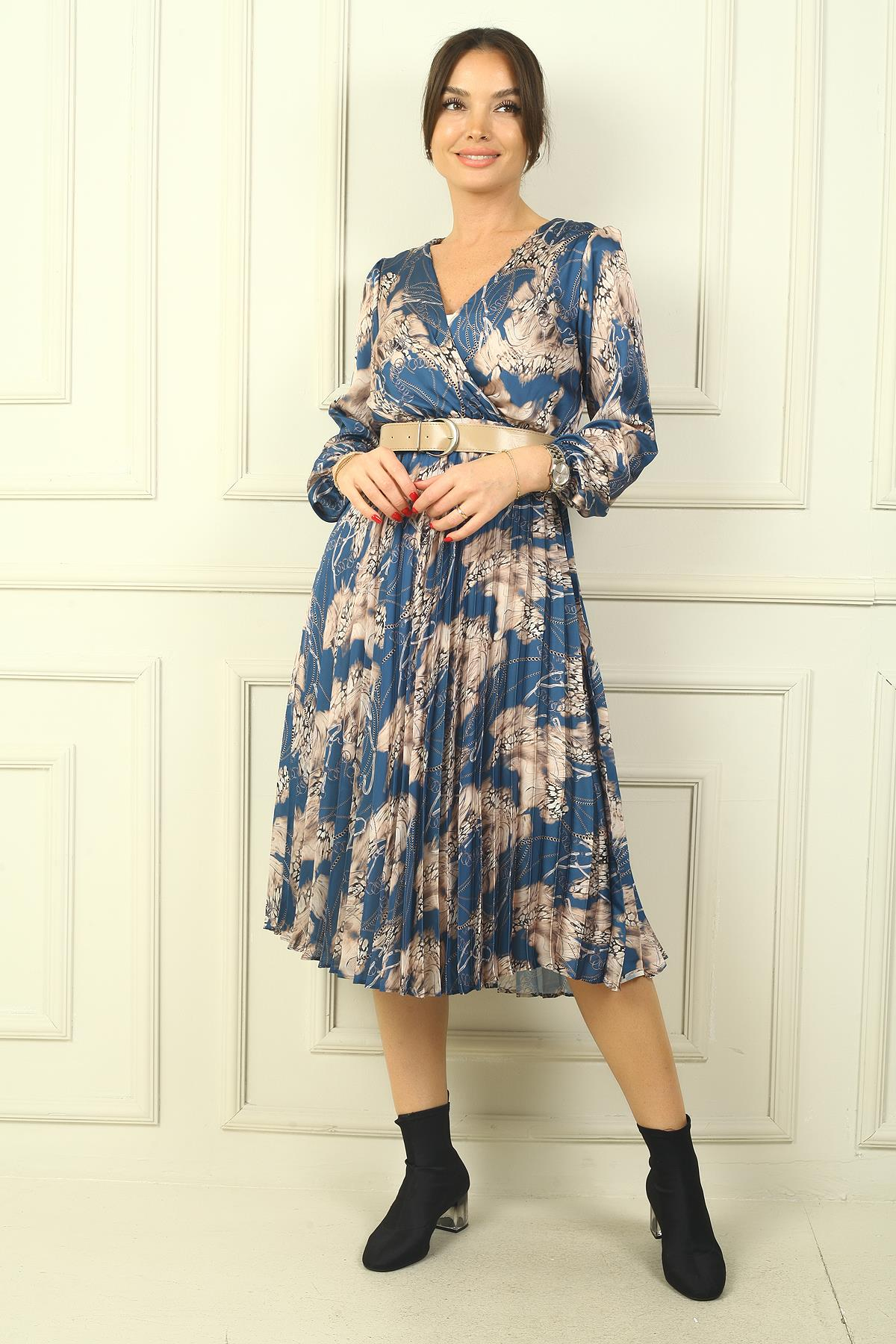 S-24Y1520006Kruvaze Yaka Astarlı Beli Kemerli Leopar Desen Pileli Saten Elbise