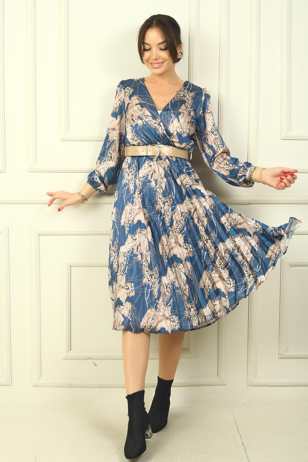 S-24Y1520006Kruvaze Yaka Astarlı Beli Kemerli Leopar Desen Pileli Saten Elbise