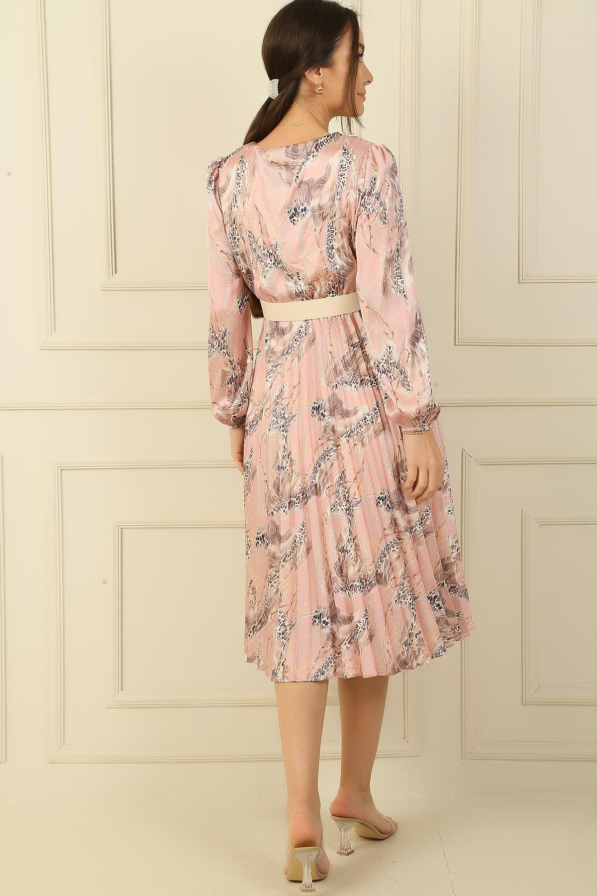 S-24Y1520006Double-Breasted Collar Waist Pleated Dress Buy-Arched Lined With Leopard Pattern