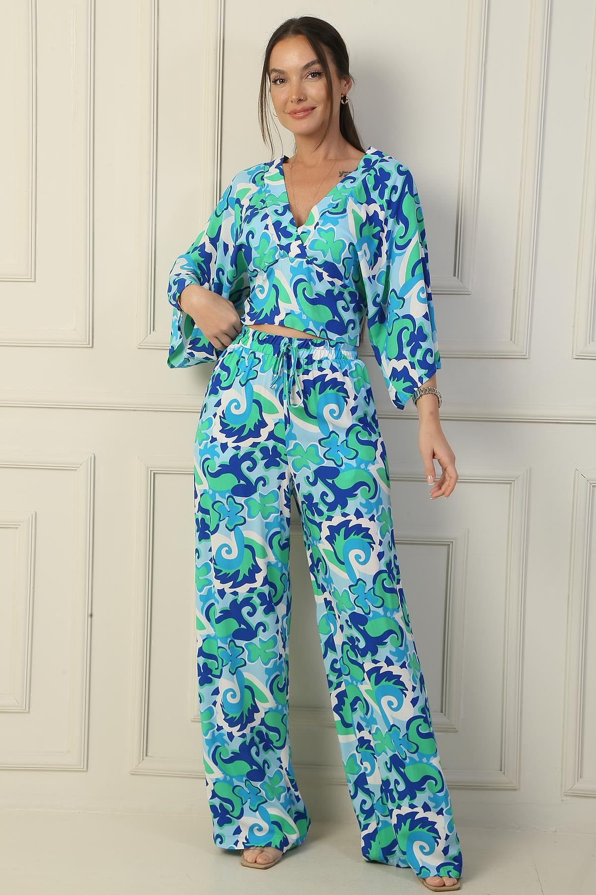 S-24Y1520012Front and rear elastic Palazzo Trousers with pockets V-neck Ethnic Patterned Crop 2-team