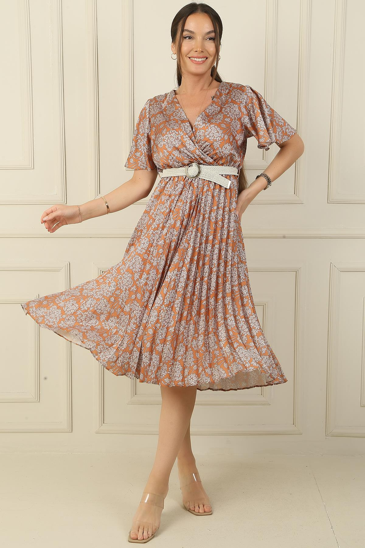 S-24Y1520014Double-Breasted Collar, Arm Slits Flywheel Slipped Pilisel Arched His Waist Floral Satin Dress