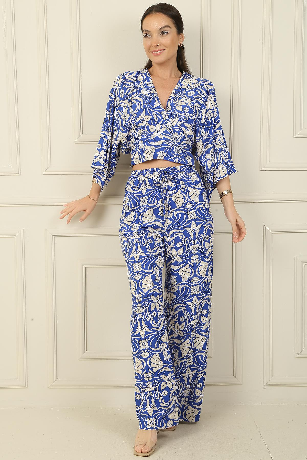 S-24Y1520015Front and rear V-neck floral palazzo pants with 2 pockets elastic crop-team