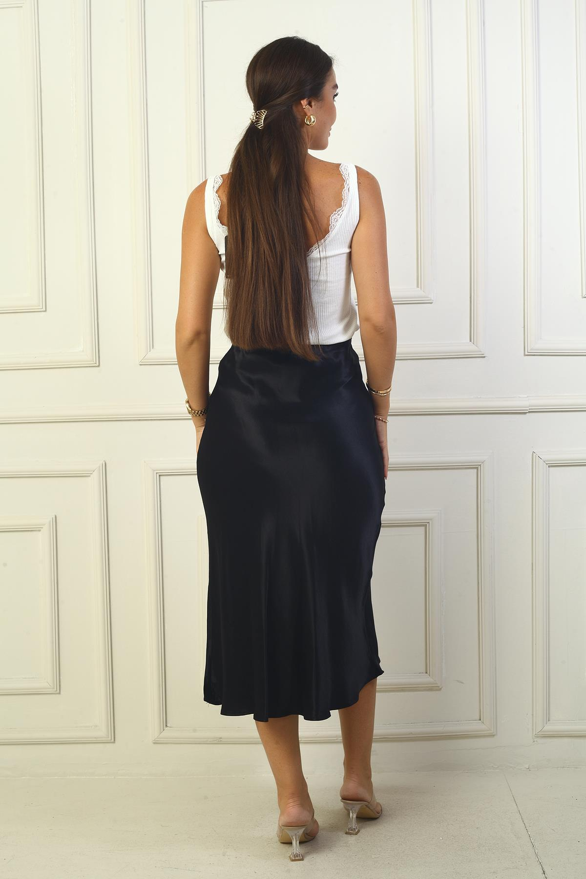 S-24Y1520034Kadın Beli Lastikli Uzun Saten Etek