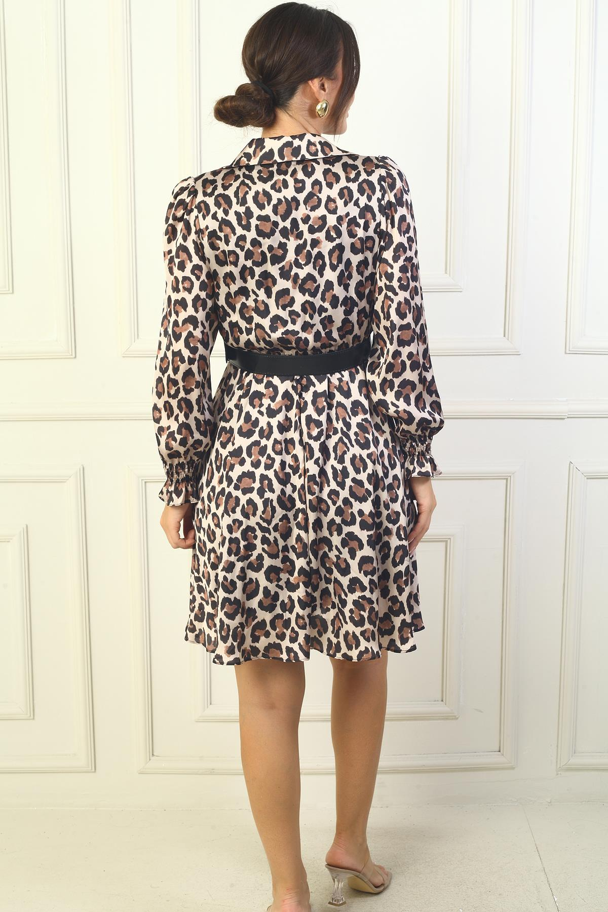 S-24Y1520038Kadın Kruvaze Polo Yaka Beli Kemerli Astarlı Leopar Saten Elbise