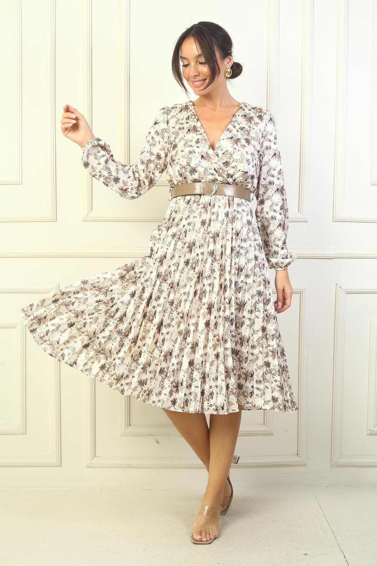 S-24Y1520041Kadın Kruvaze Yaka Beli Kemerli Astarlı Eteği Piliseli Çiçekli Saten Elbise