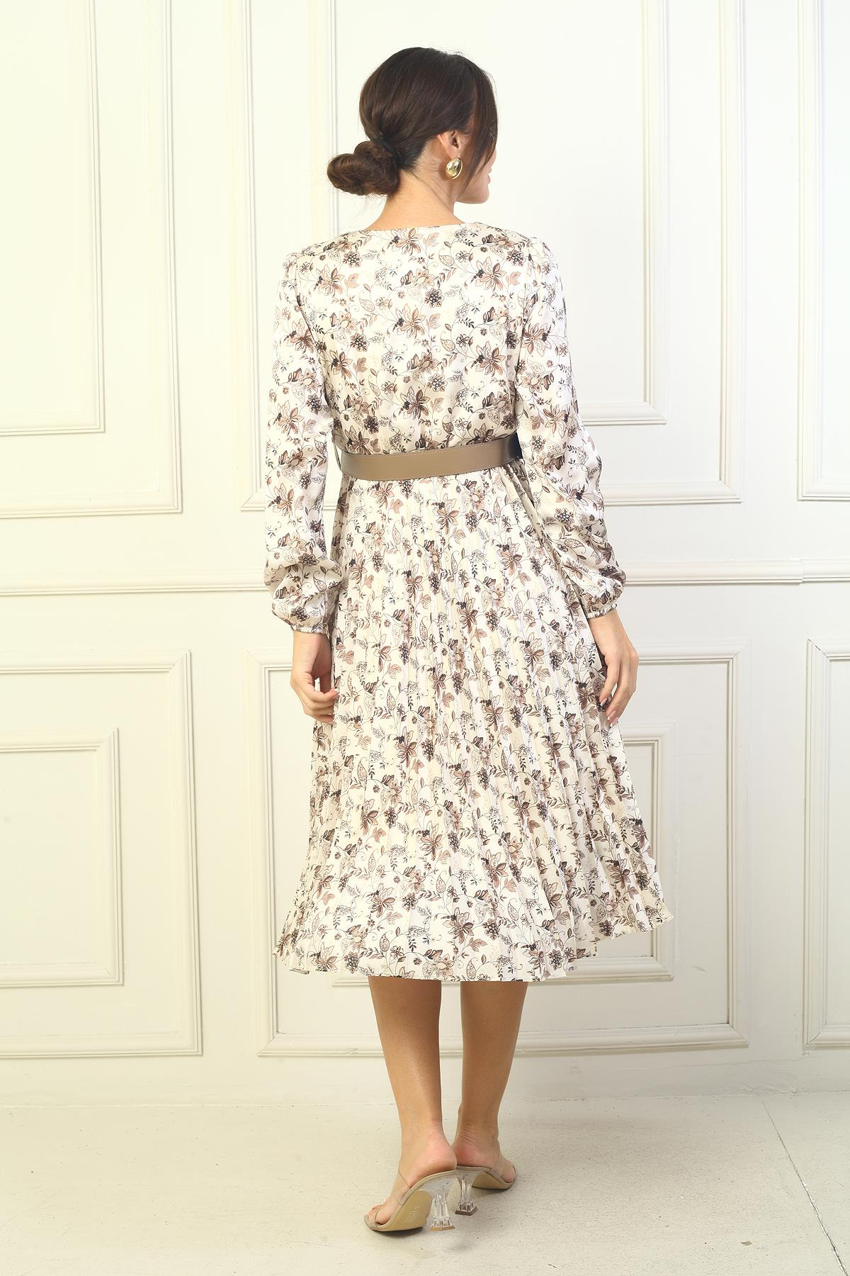 S-24Y1520041Kadın Kruvaze Yaka Beli Kemerli Astarlı Eteği Piliseli Çiçekli Saten Elbise