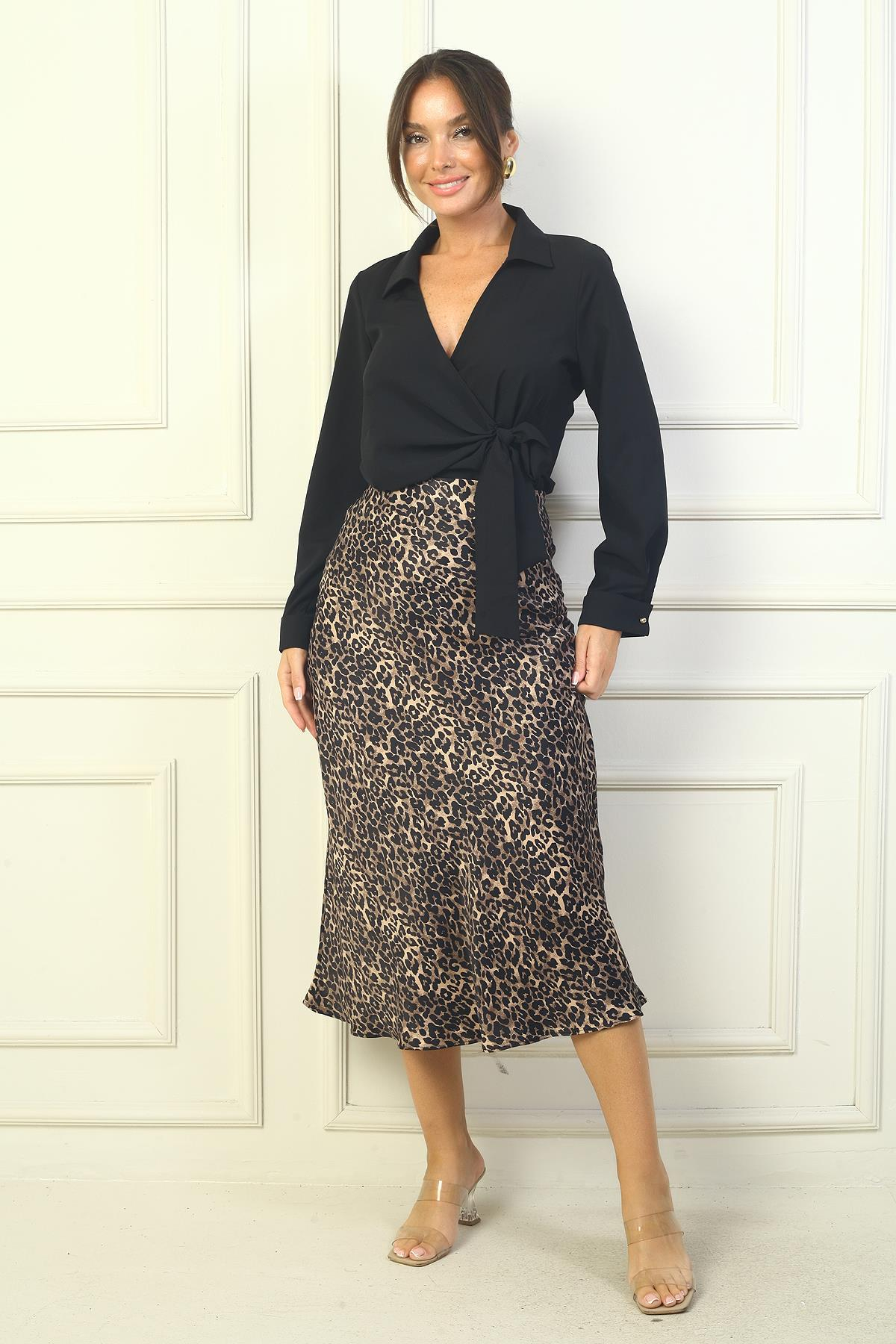 S-24Y1520043Beli Lastikli Leopar Desen Kloş Saten Etek