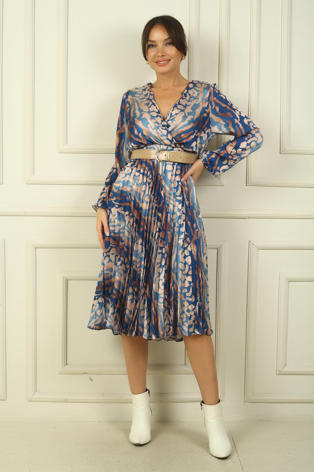 S-24Y1520054Kadın Kruvaze Yaka Beli Kemerli Astarlı Pileli Soyut Desenli Saten Elbise