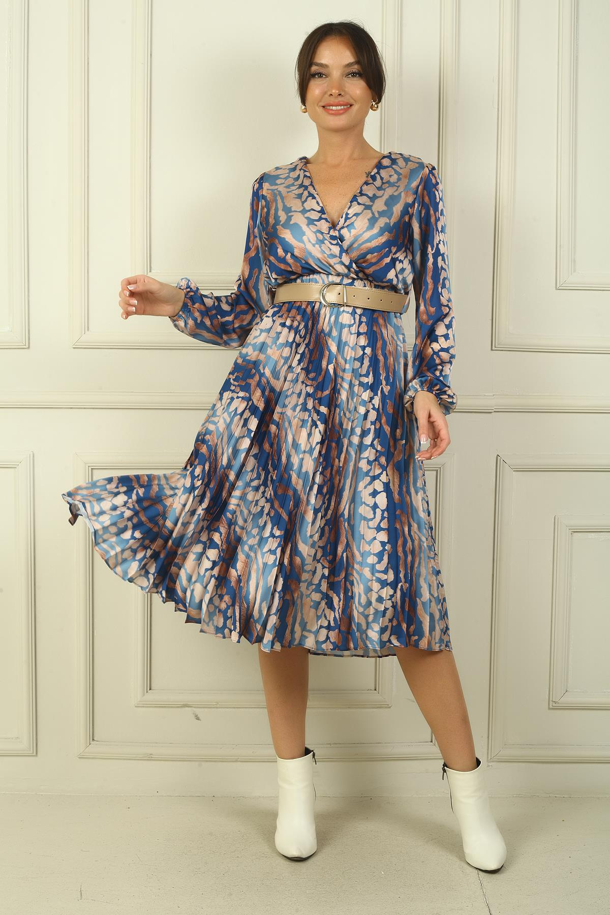 S-24Y1520054Kadın Kruvaze Yaka Beli Kemerli Astarlı Pileli Soyut Desenli Saten Elbise