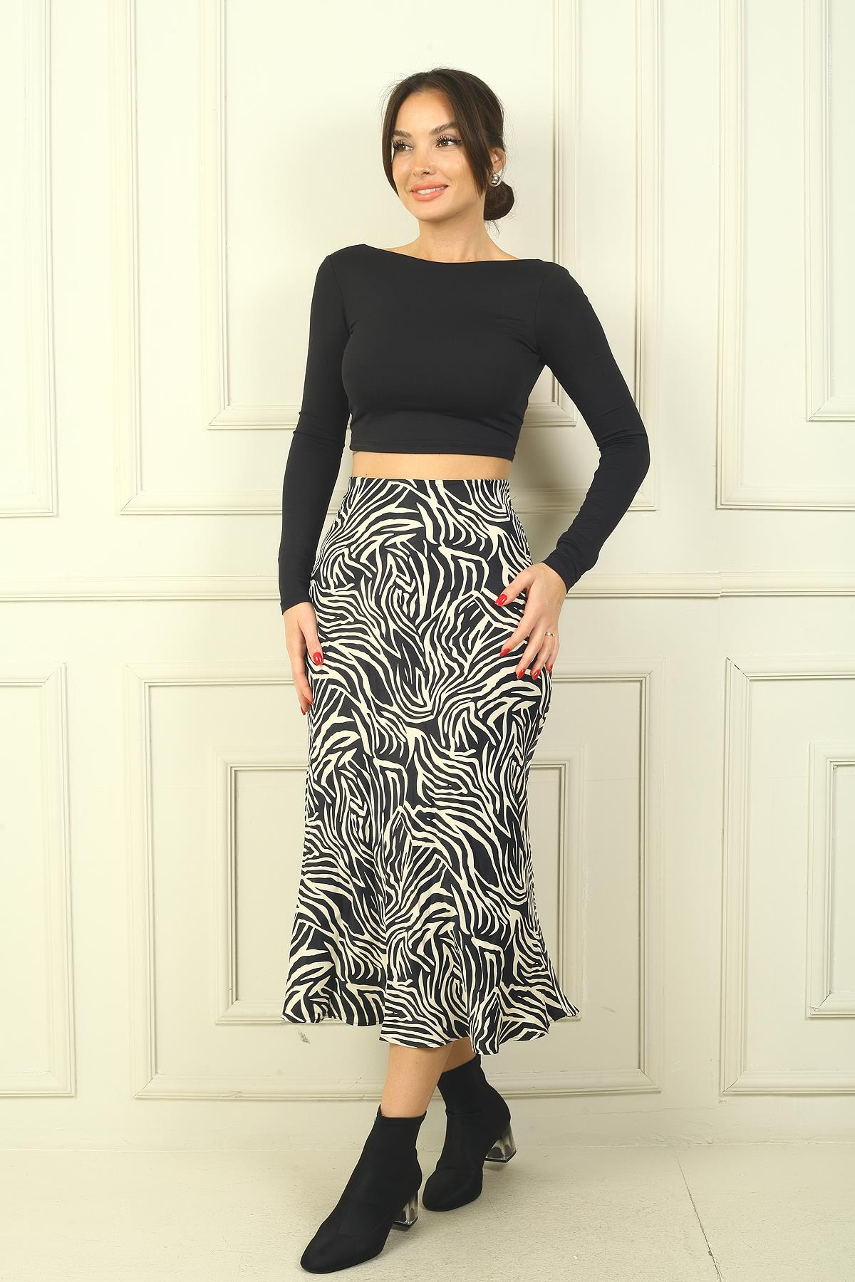 S-24Y1520057Kadın Beli Lastikli Zebra Desen Saten Etek