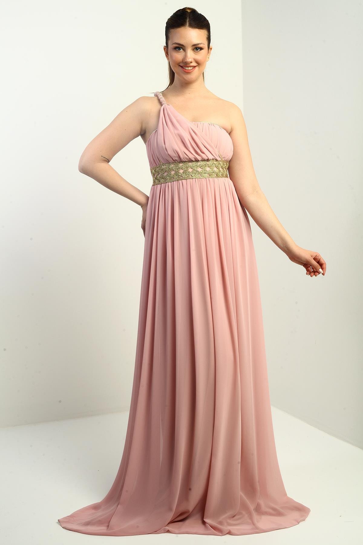 S-24Y1650001Kadın Tek Omuz Askılı Önü Hasır Astarlı Şifon Uzun Elbise