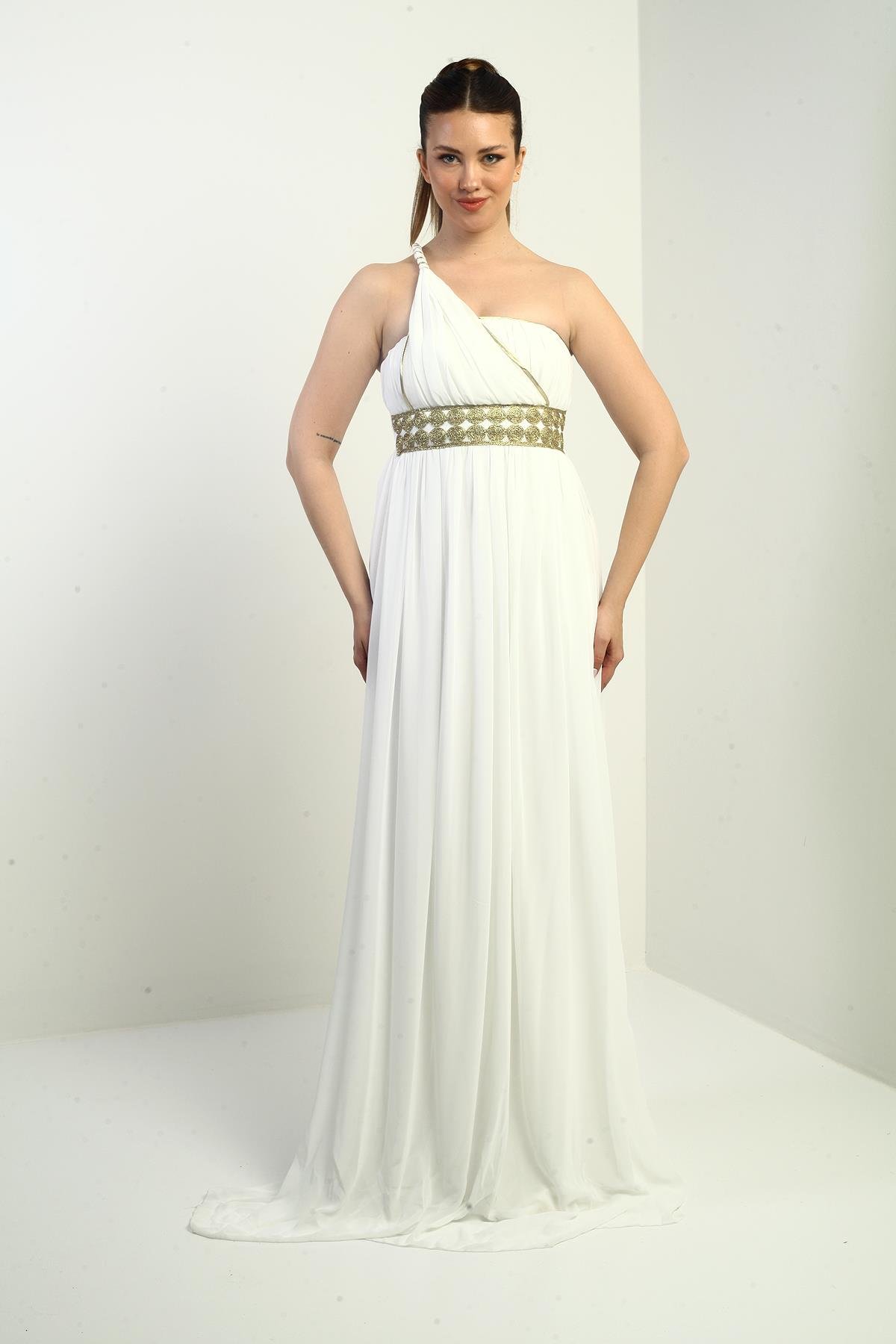 S-24Y1650001Kadın Tek Omuz Askılı Önü Hasır Astarlı Şifon Uzun Elbise