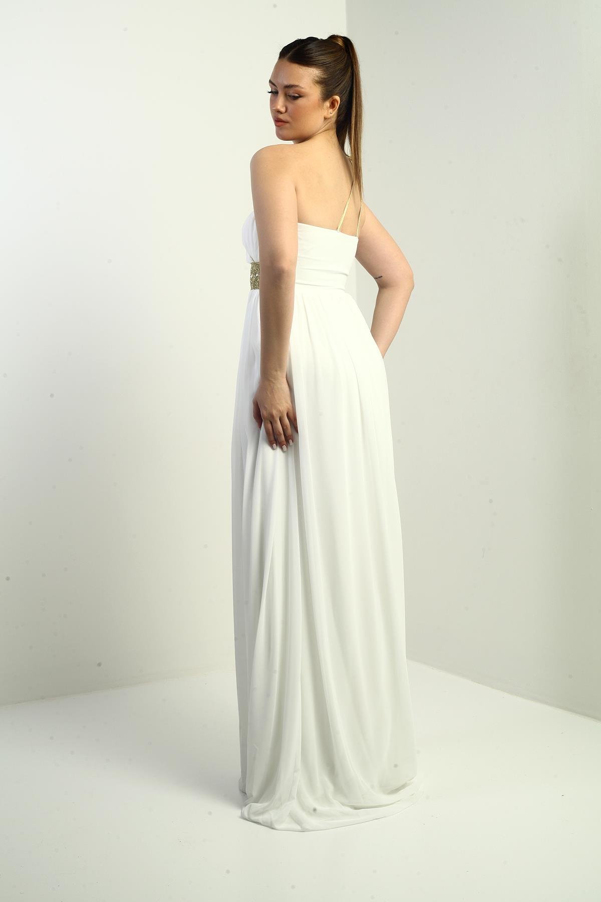 S-24Y1650001Kadın Tek Omuz Askılı Önü Hasır Astarlı Şifon Uzun Elbise