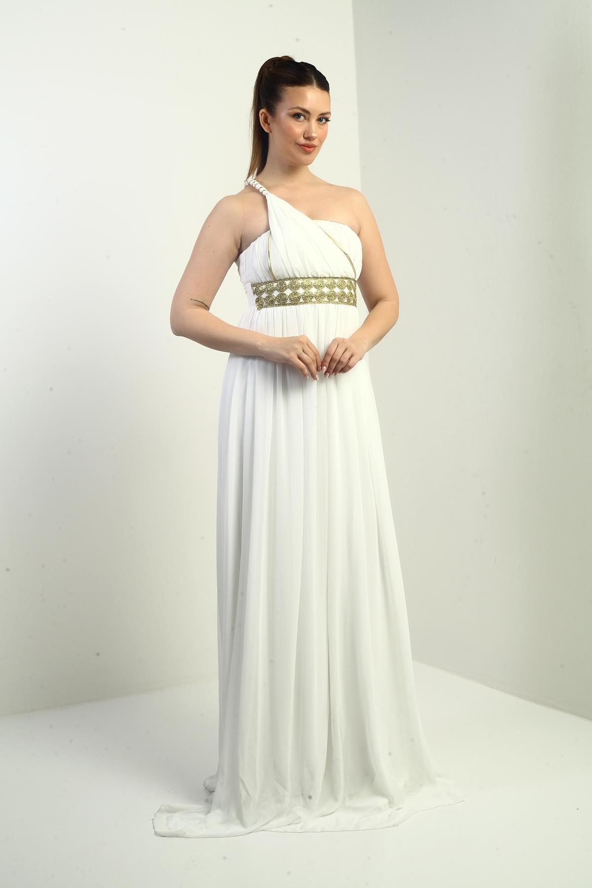 S-24Y1650001Kadın Tek Omuz Askılı Önü Hasır Astarlı Şifon Uzun Elbise